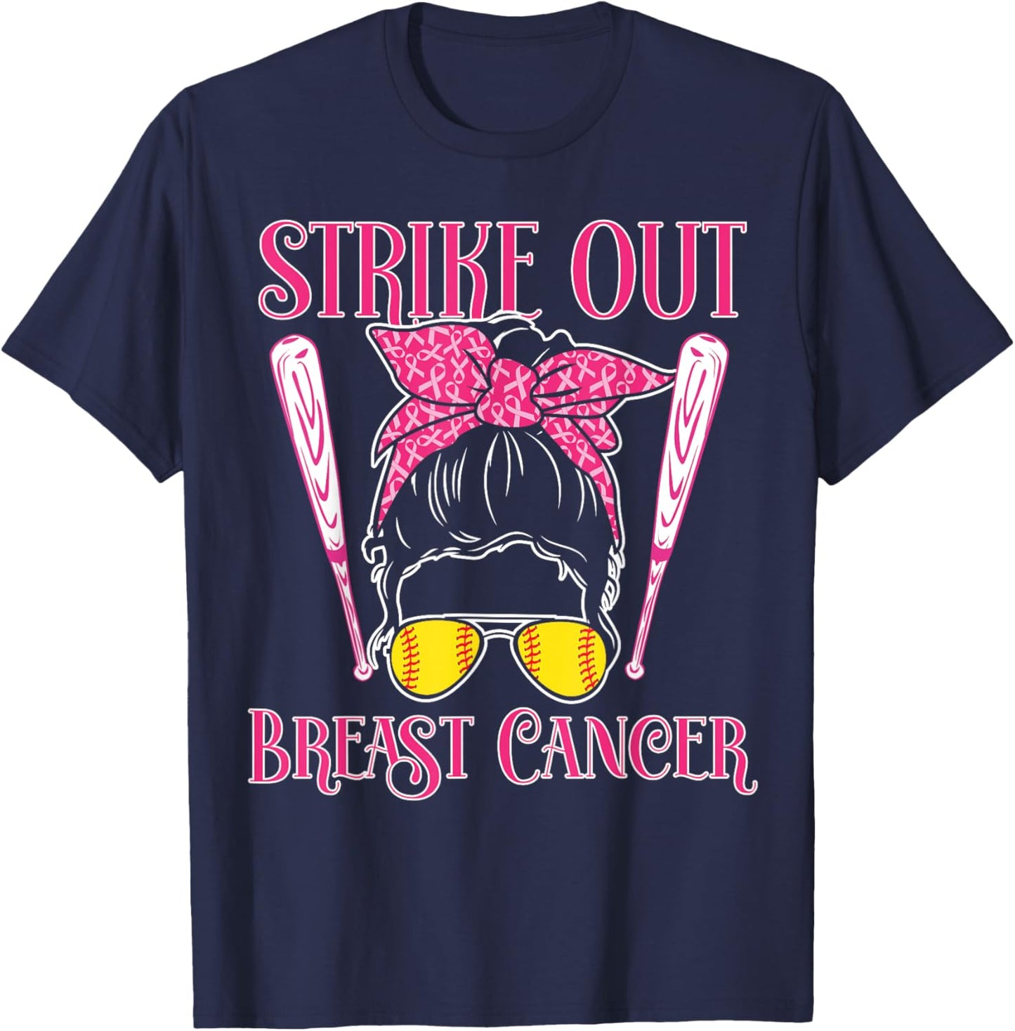 Breast Cancer Awareness - Softball Strike Out Pink Ribbon T-Shirt - T-Shirt | Navy