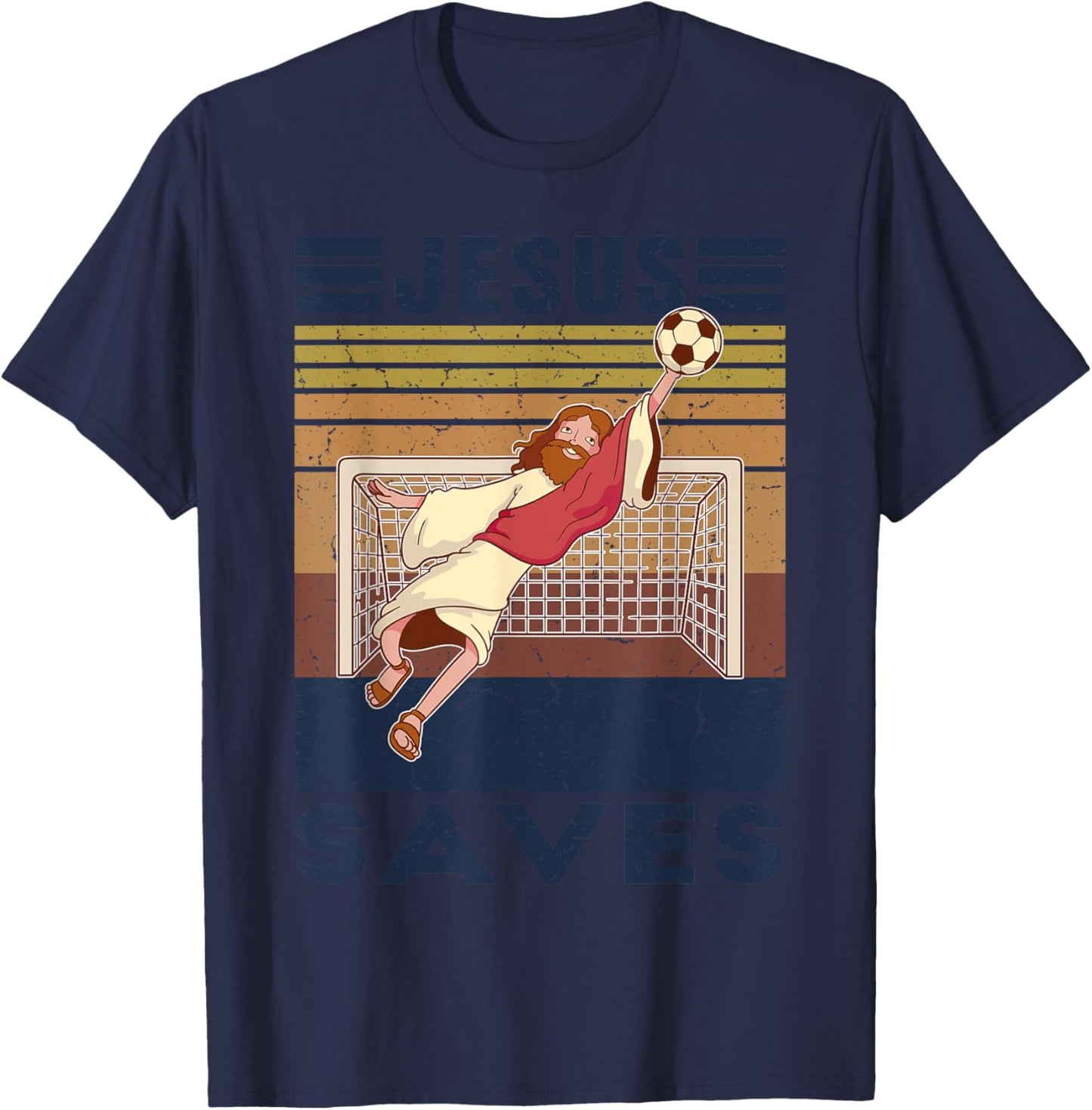 Retro Goalkeeper Jesus Saves Soccer Goal T-Shirt - T-Shirt | Navy
