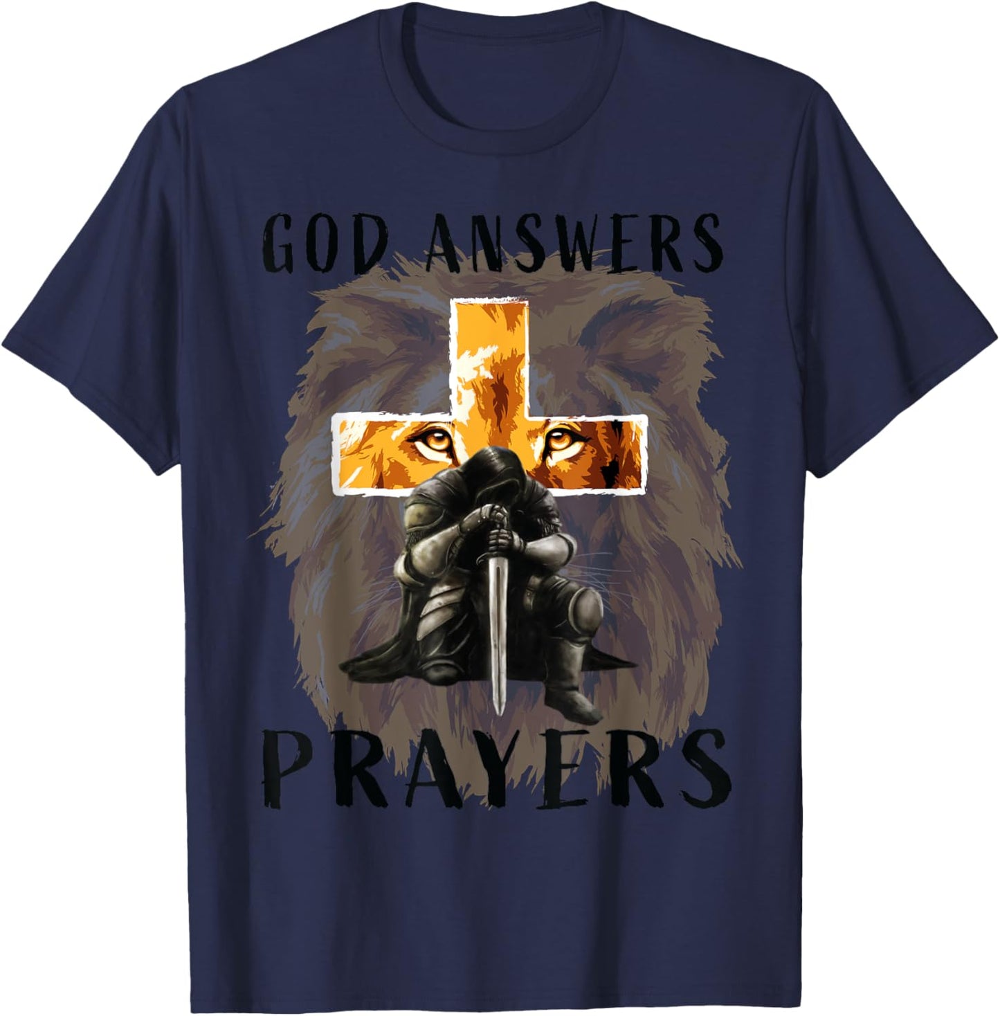 God Jesus Answers Prayers Warrior Men Christian Lion Graphic T-Shirt - T-Shirt | Navy