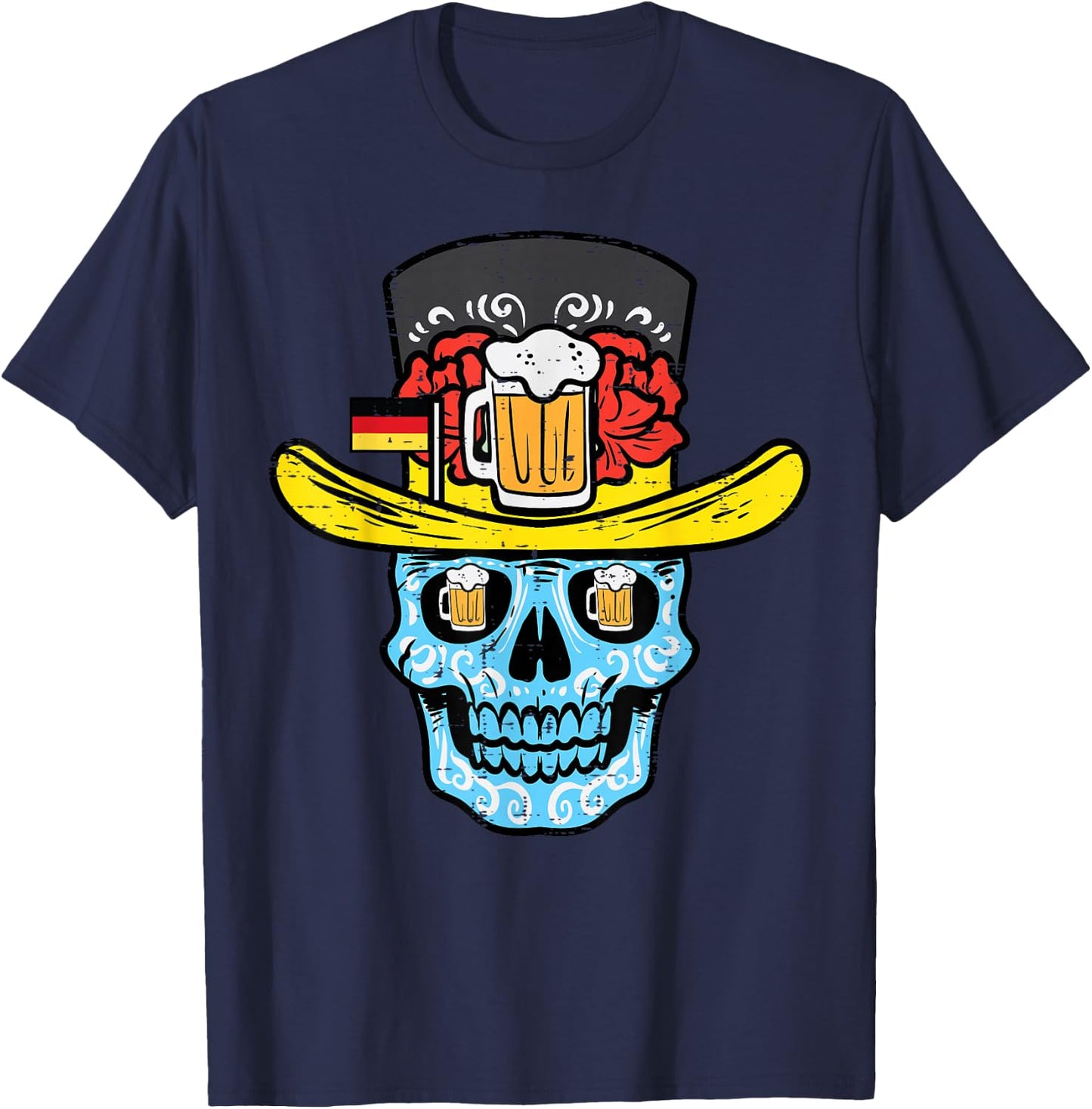 Oktoberfest Sugar Skull Sombrero German Mexican Men Women T-Shirt - T-Shirt | Navy