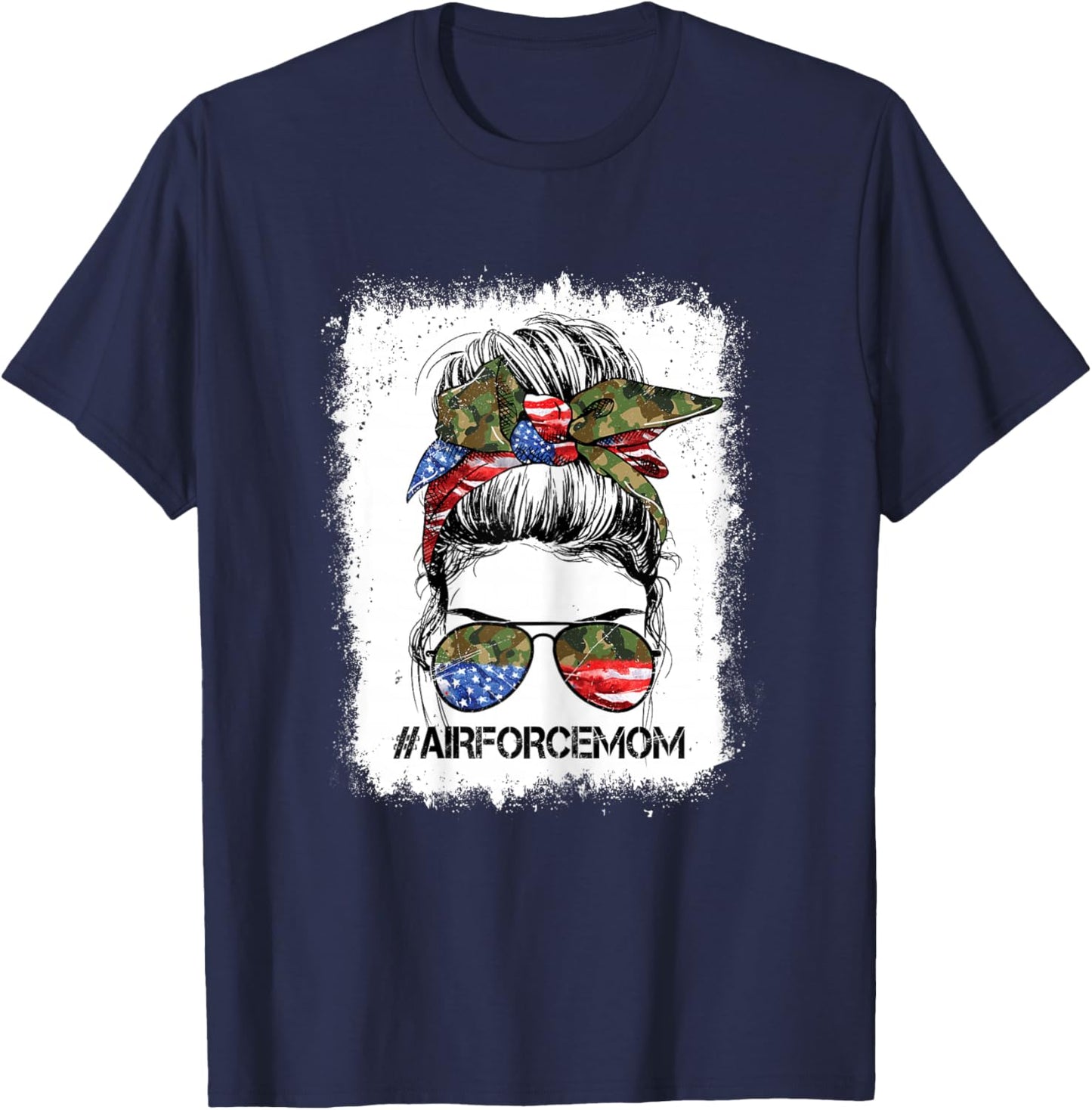 All American Airforce Mom Messy Bun US Flag 4th of July T-Shirt - T-Shirt | Navy