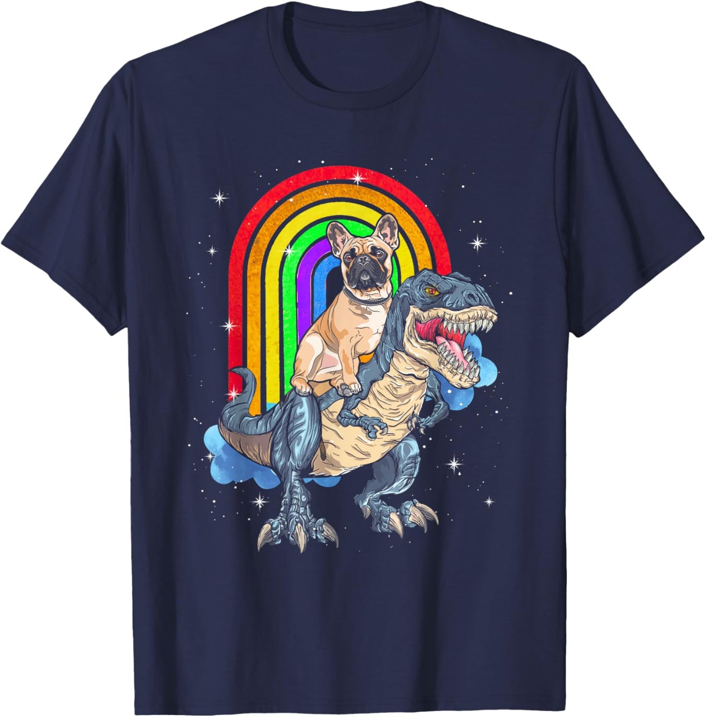French Bulldog Riding Dinosaur T rex Rainbow Women Kids T-Shirt - T-Shirt | Navy
