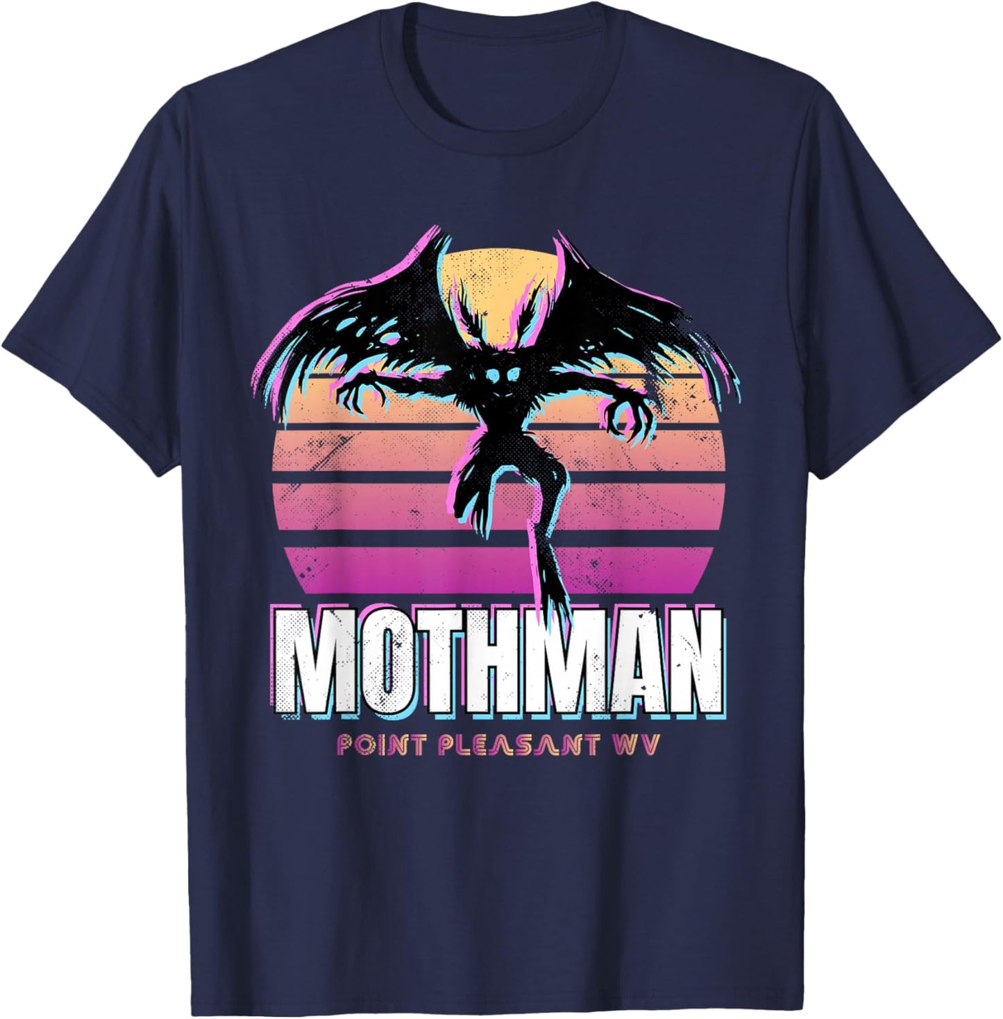 Retro Mothman 80s Cryptid Sunset T-Shirt - T-Shirt | Navy