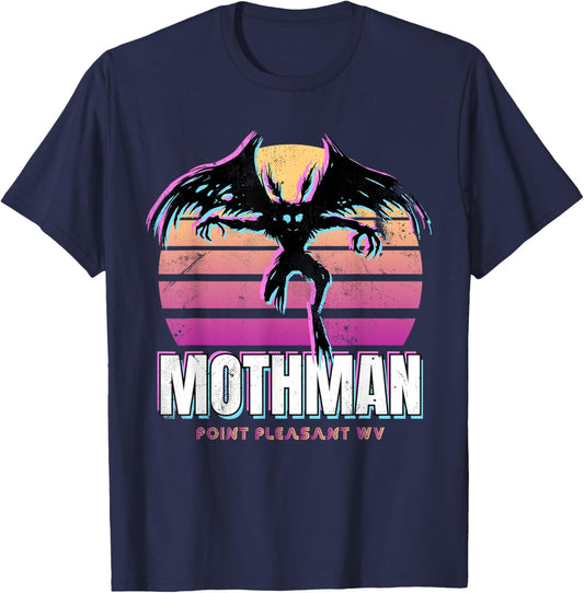 Retro Mothman 80s Cryptid Sunset T-Shirt - T-Shirt | Navy