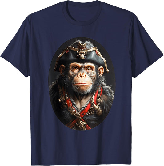 Pirate Chimpanzee Captain - Swashbuckling Monkey Pirate Art T-Shirt - T-Shirt | Navy