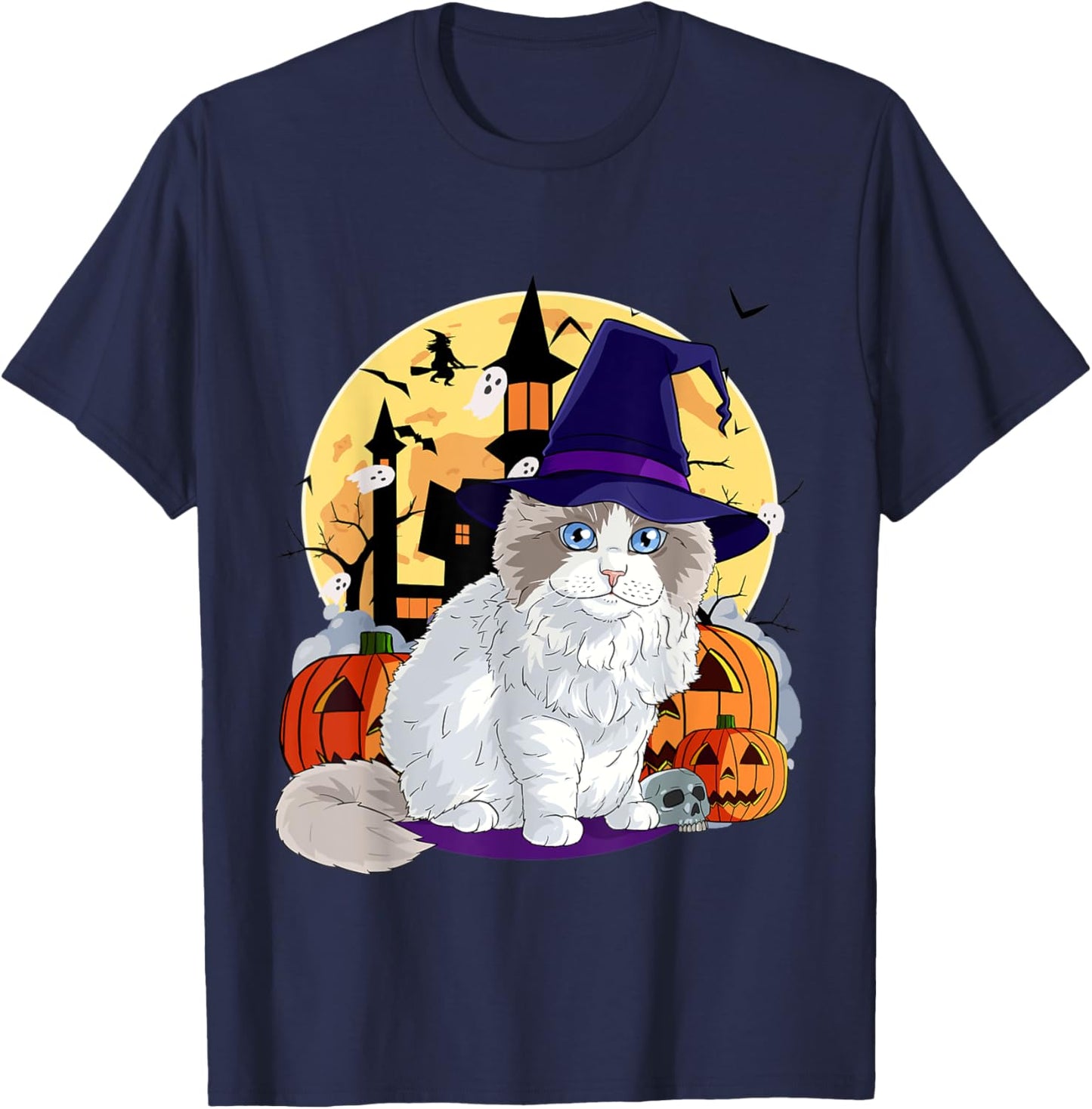 Cute Ragdoll Cat Halloween Witch Pumpkin Men Women Kids T-Shirt - T-Shirt | Navy
