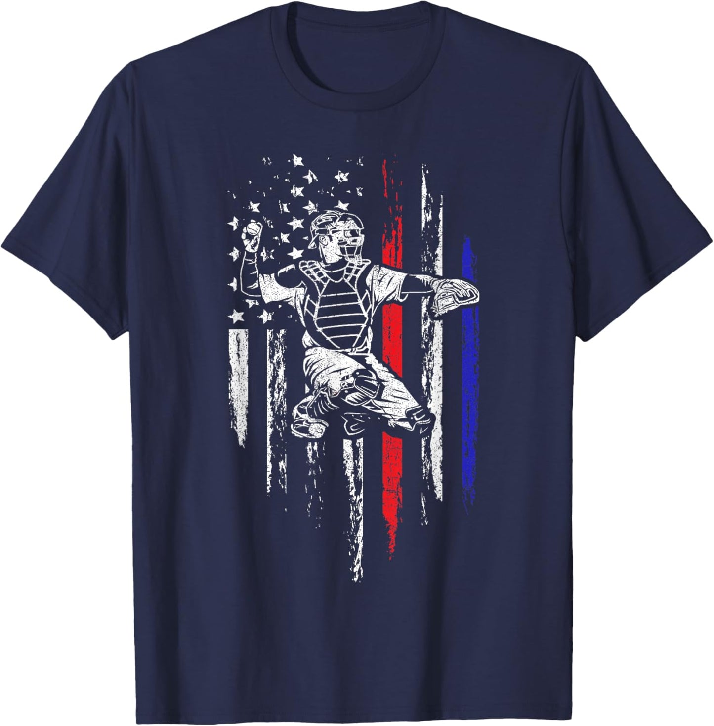 Baseball American Flag Patriotic Catcher 4th of July Gift T-Shirt - T-Shirt | Navy