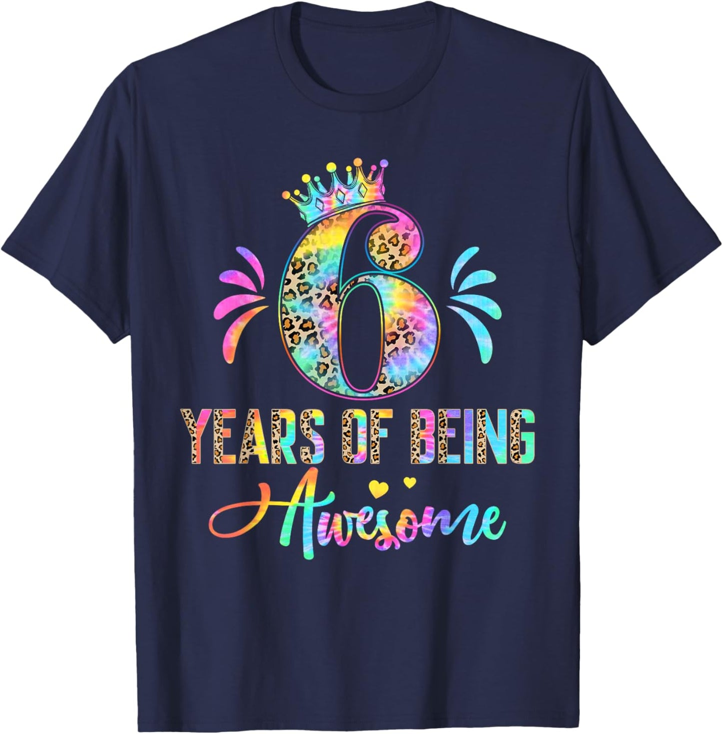 Kids Six Year Old Rainbow 6th Birthday Leopard for Girls 6 T-Shirt - T-Shirt | Navy