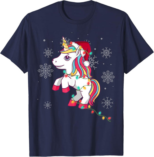 Cute Unicorn Christmas Lights for Girls and Women Christmas T-Shirt - T-Shirt | Navy