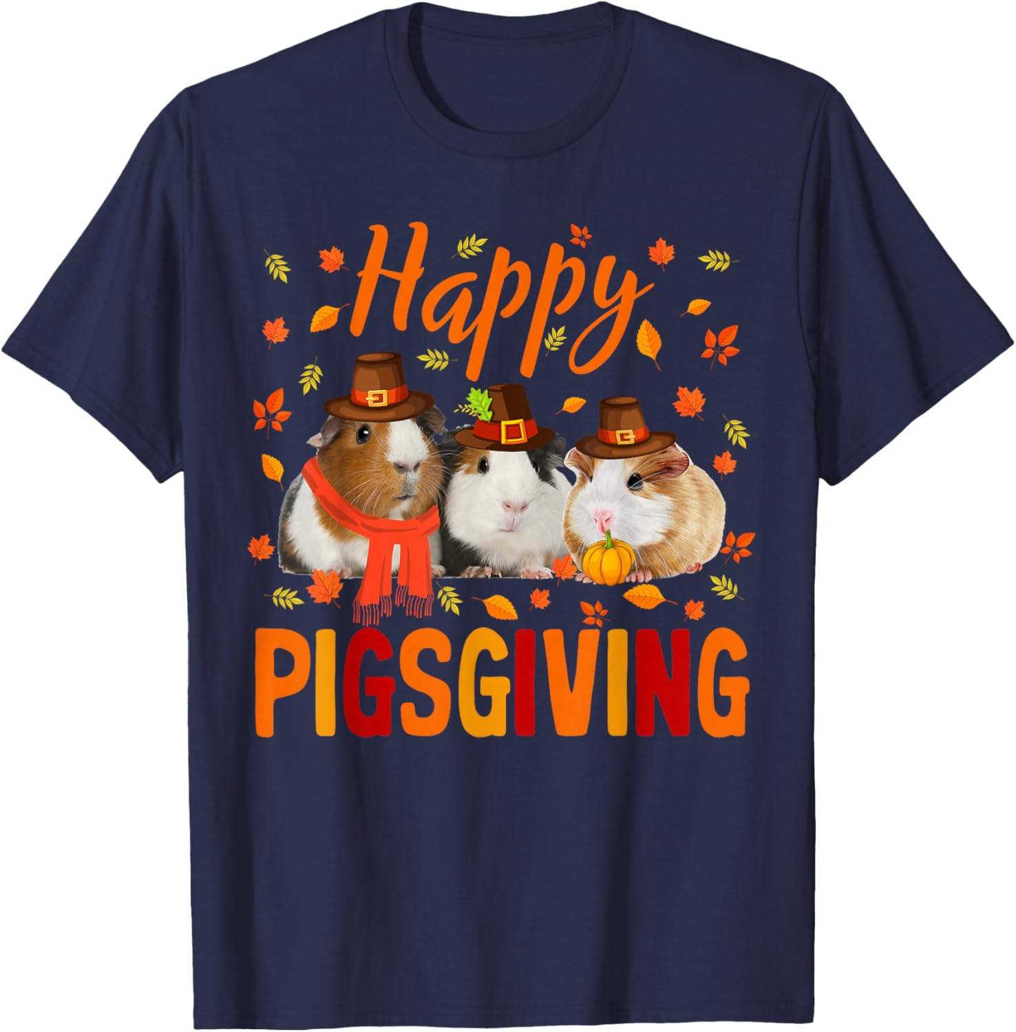 Happy Pigsgiving Cute Thanksgiving Guinea Pig Pilgrim Hat T-Shirt - T-Shirt | Navy