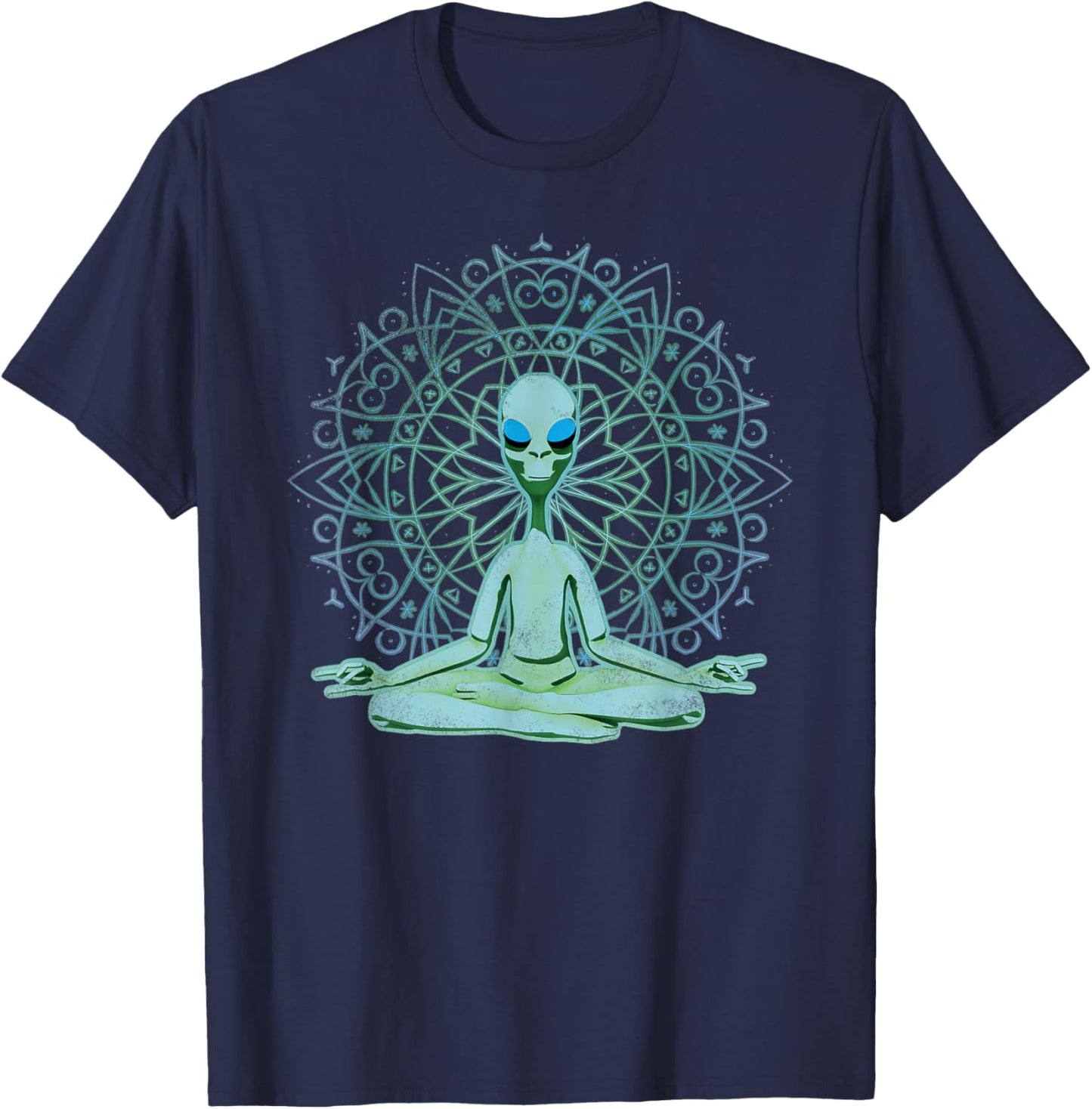 Alien Shirt UFO Mandala Meditating Green Alien Lotus Zen T-Shirt - T-Shirt | Navy