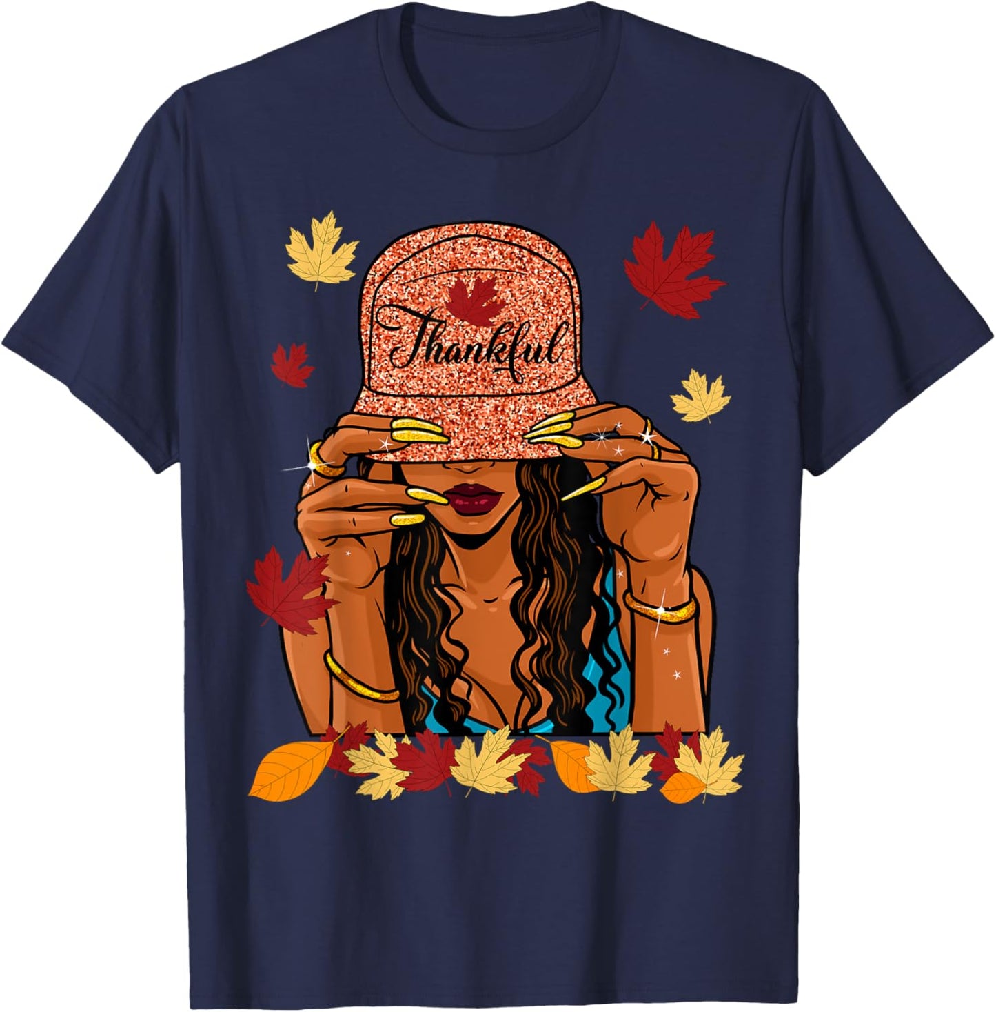 Thanksgiving Thankful Afro African American Autumn Fall T-Shirt - T-Shirt | Navy