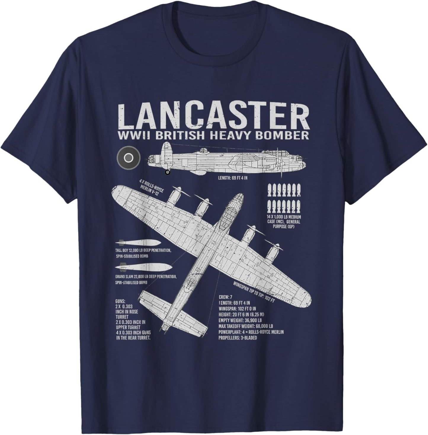 RAF Lancaster Bomber British Aircraft War Tarpaulin Blue Print T-Shirt - T-Shirt | Navy