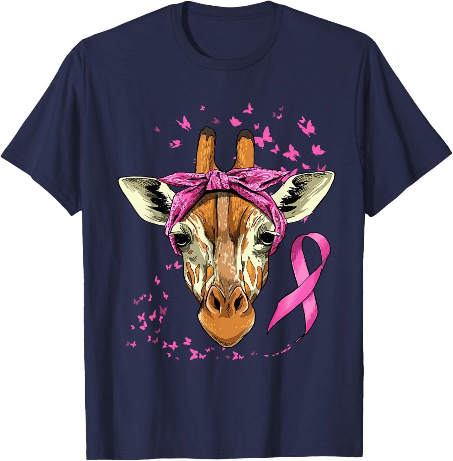 Giraffe Breast Cancer Awareness Pink Ribbon Cancer Survivor T-Shirt - T-Shirt | Navy