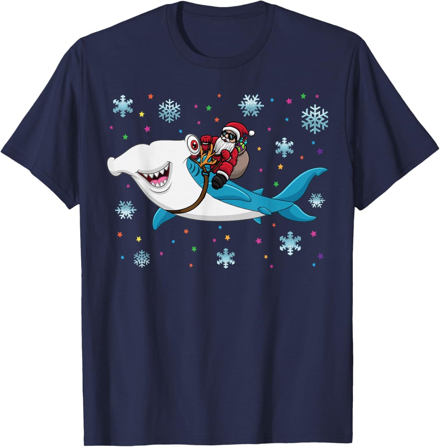 Santa Riding Hammerhead Shark Adorable Kids Boys Christmas T-Shirt - T-Shirt | Navy