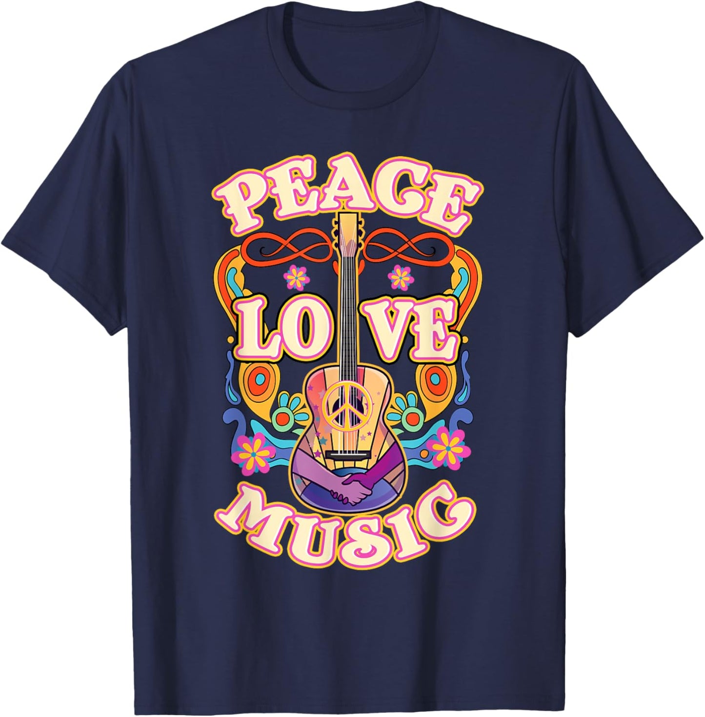 Retro Hippie Guitar Peace Love Music T-Shirt - T-Shirt | Navy