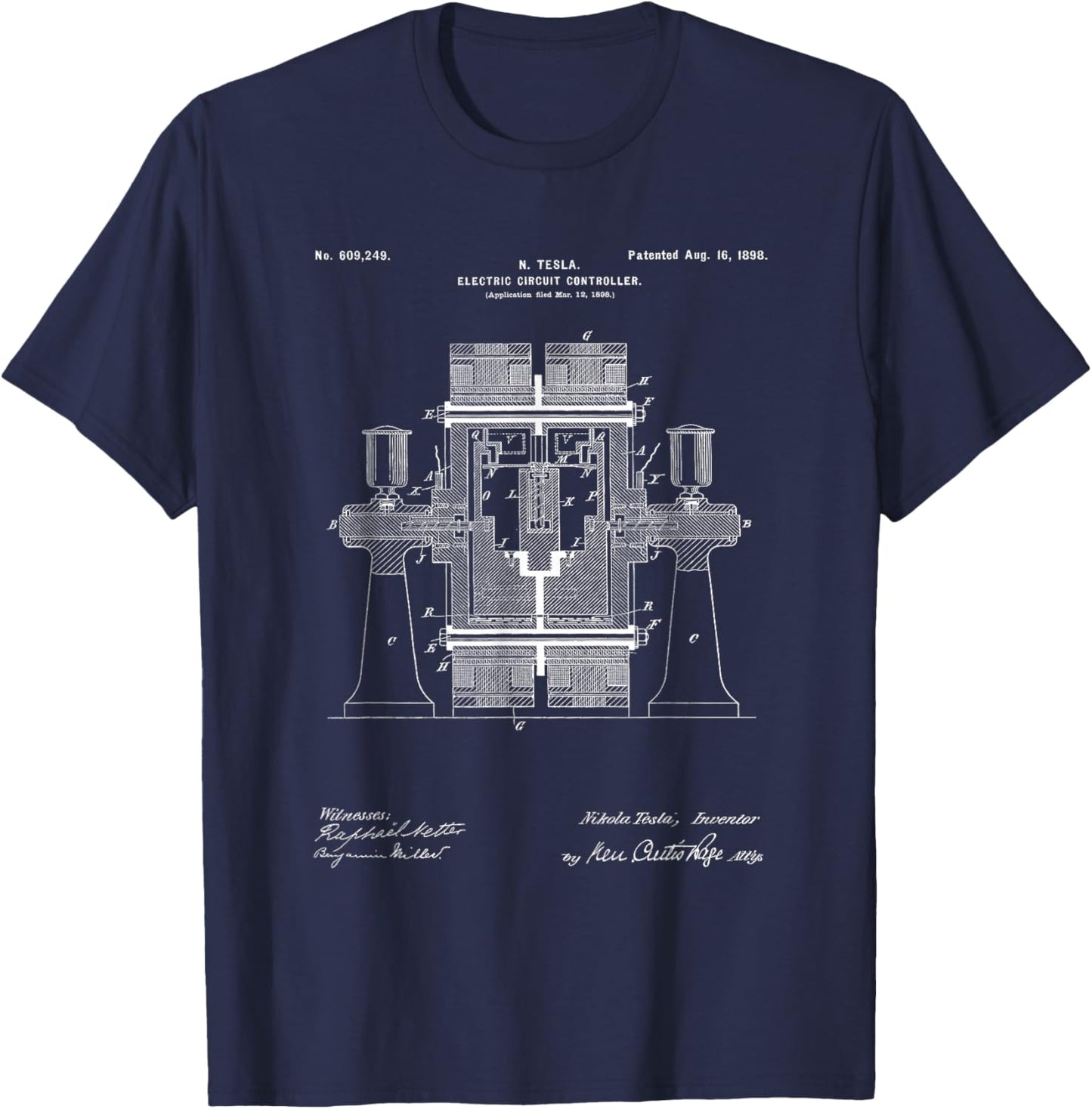 Tesla Electric Switch Regulator Patent Diagram Electrician T-Shirt - T-Shirt | Navy