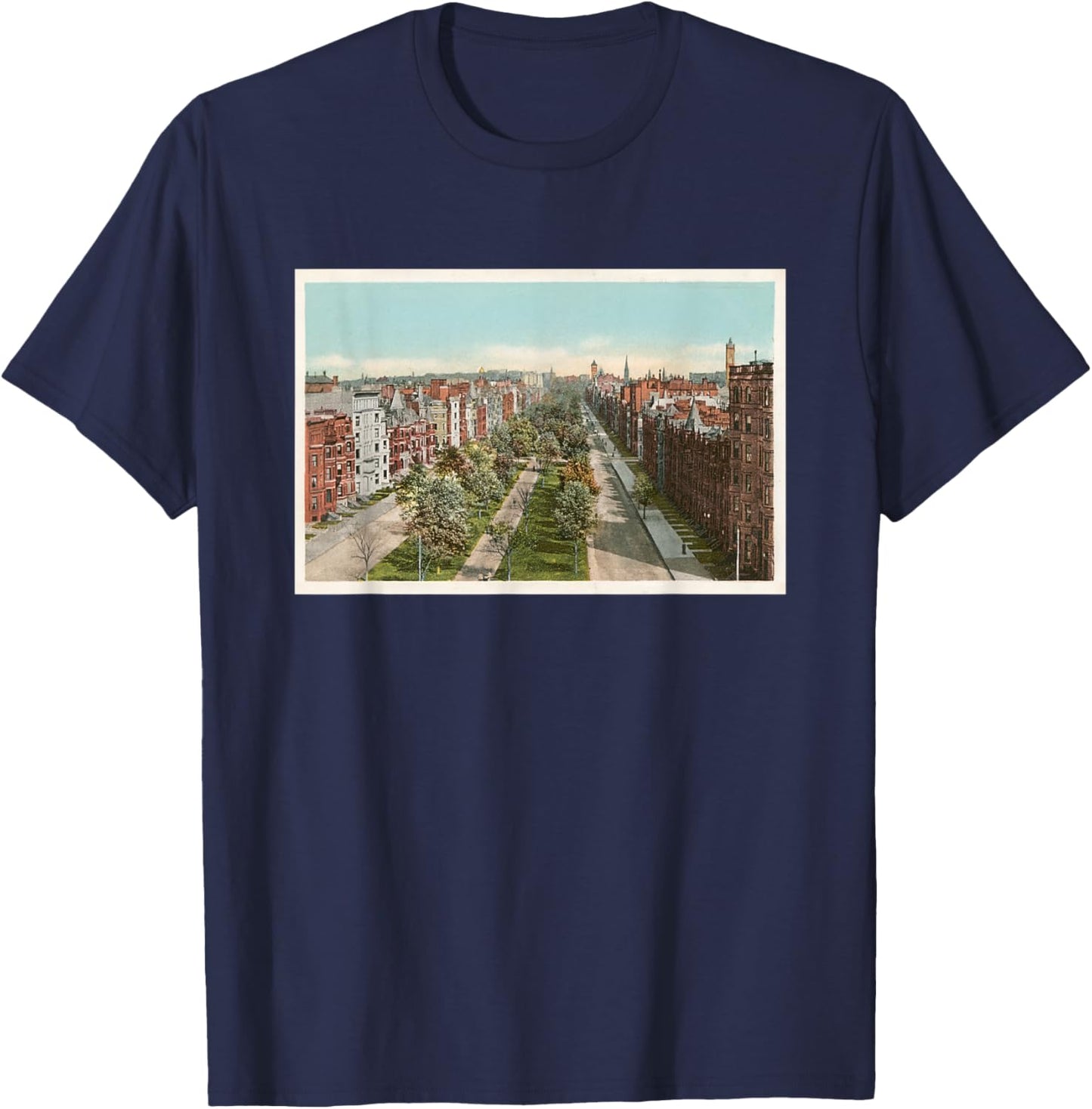 Boston Commonwealth Ave Illustration (1904) T-Shirt - T-Shirt | Navy