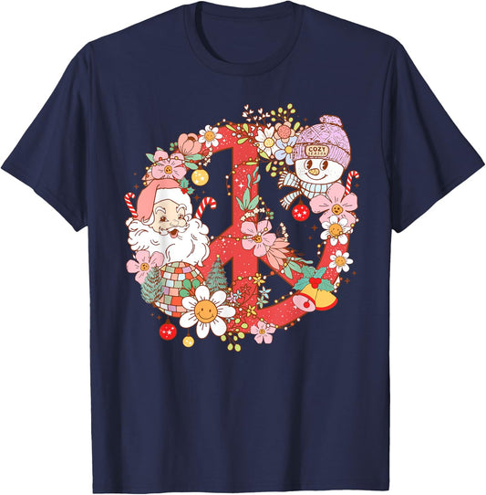Retro Groovy Merry Christmas Hippie Santa Claus Peace Sign T-Shirt - T-Shirt | Navy