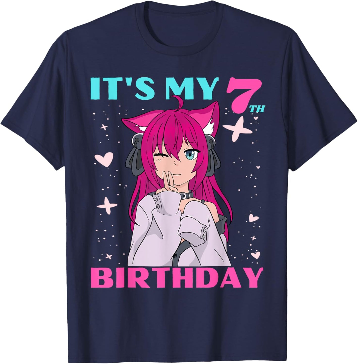 Anime Girl It's My 7th Birthday 7 Years Birthday Girl Kawaii T-Shirt - T-Shirt | Navy