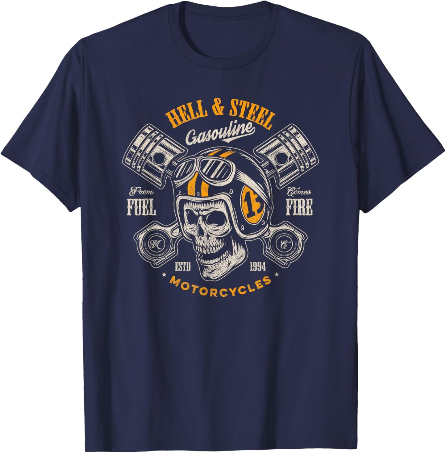 Hell And Steel Biker Skull Motorcycle Men's T-Shirt - T-Shirt | Navy