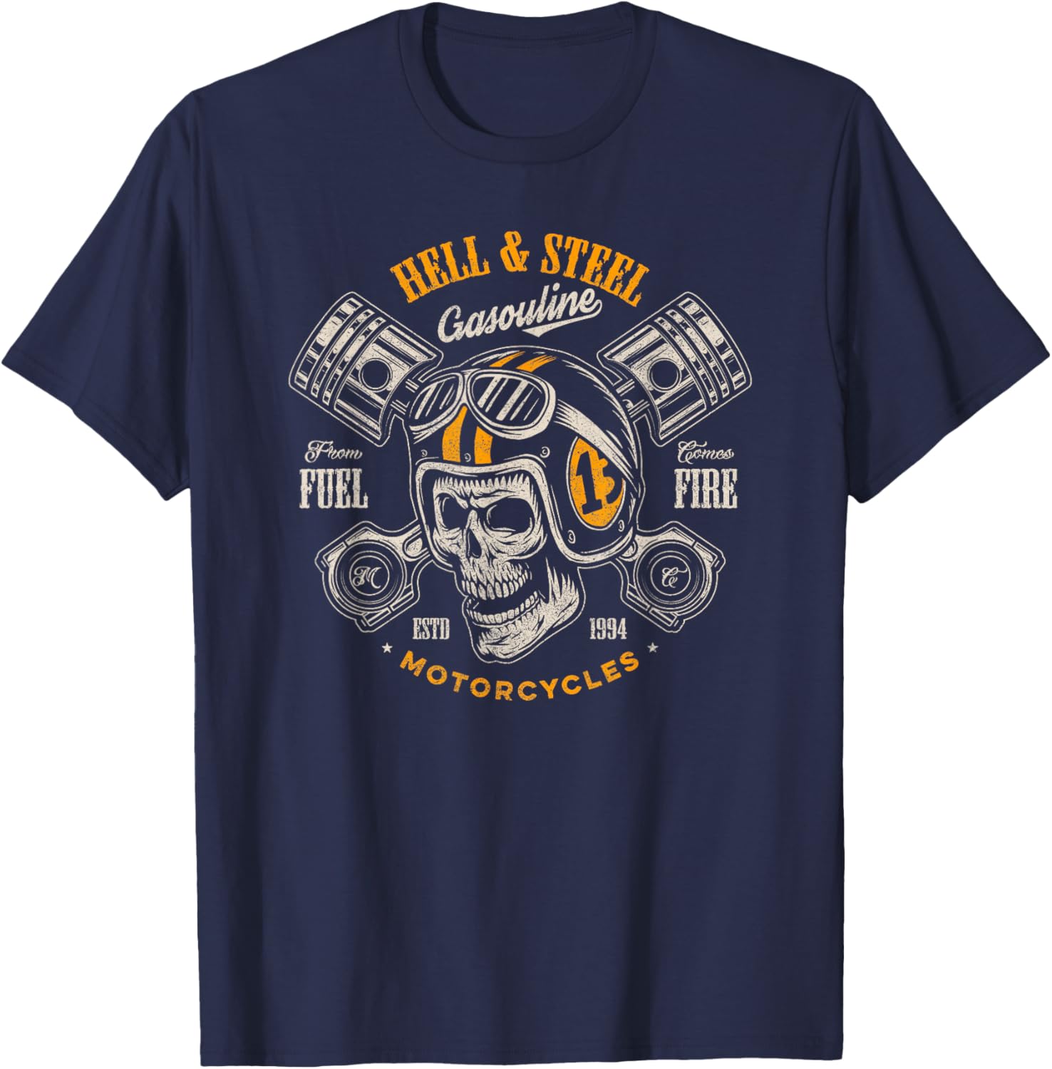 Hell And Steel Biker Skull Motorcycle Men's T-Shirt - T-Shirt | Navy