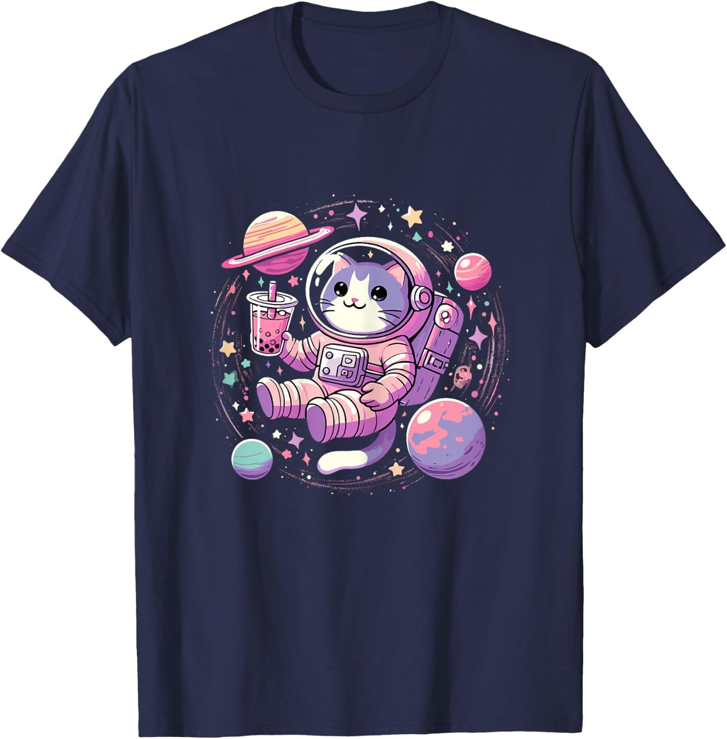 Kawaii Cat Bubble Tea Boba Tea In Space Astronaut T-Shirt - T-Shirt | Navy
