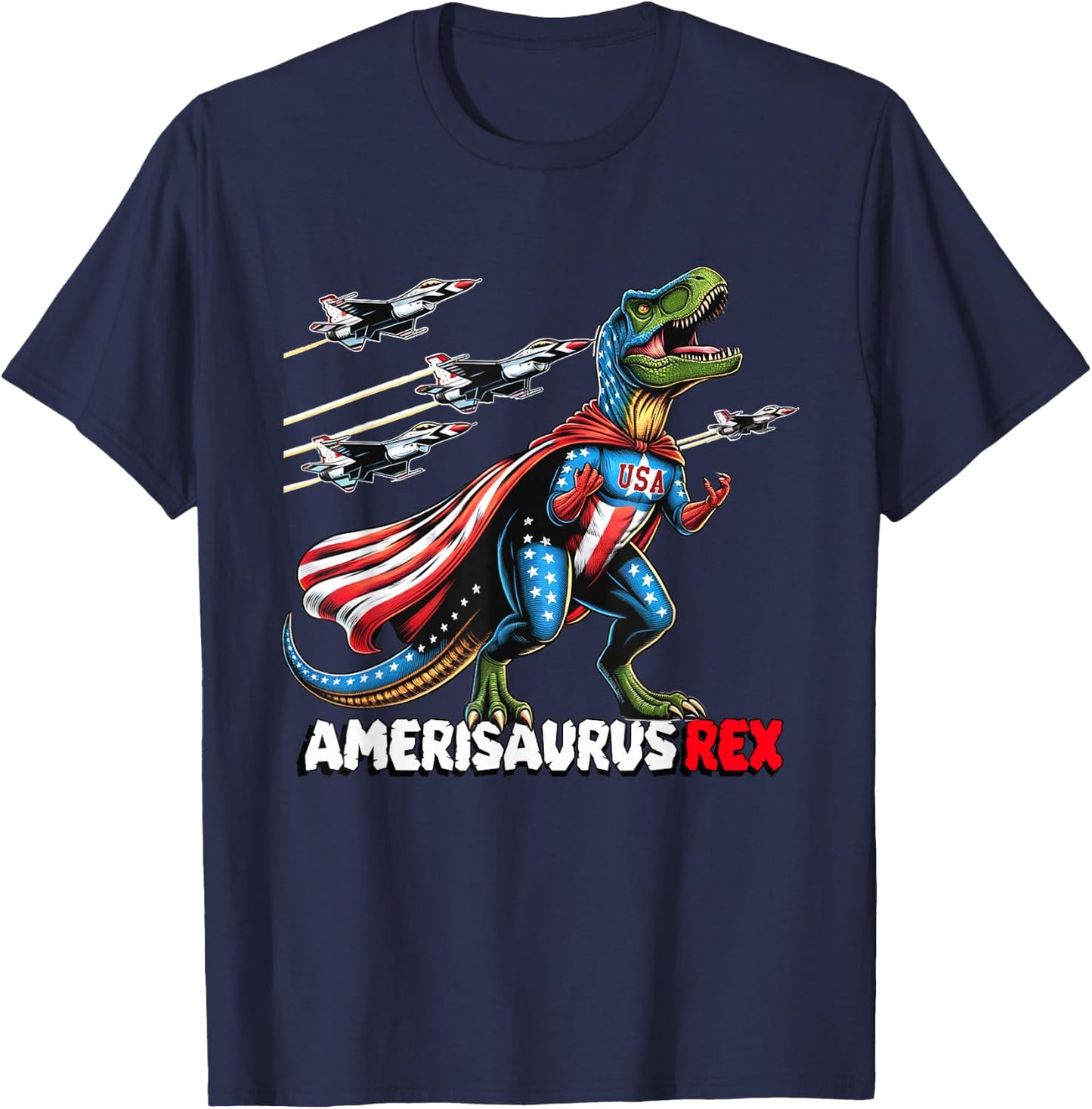 Amerisaurus T-Rex Patriotic Boys Girl 4th of July Flag Jets T-Shirt - T-Shirt | Navy