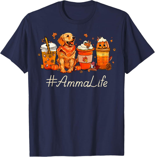 Amma Life Fall Coffee Thanksgiving Pumpkin Autumn Dog Lover T-Shirt - T-Shirt | Navy