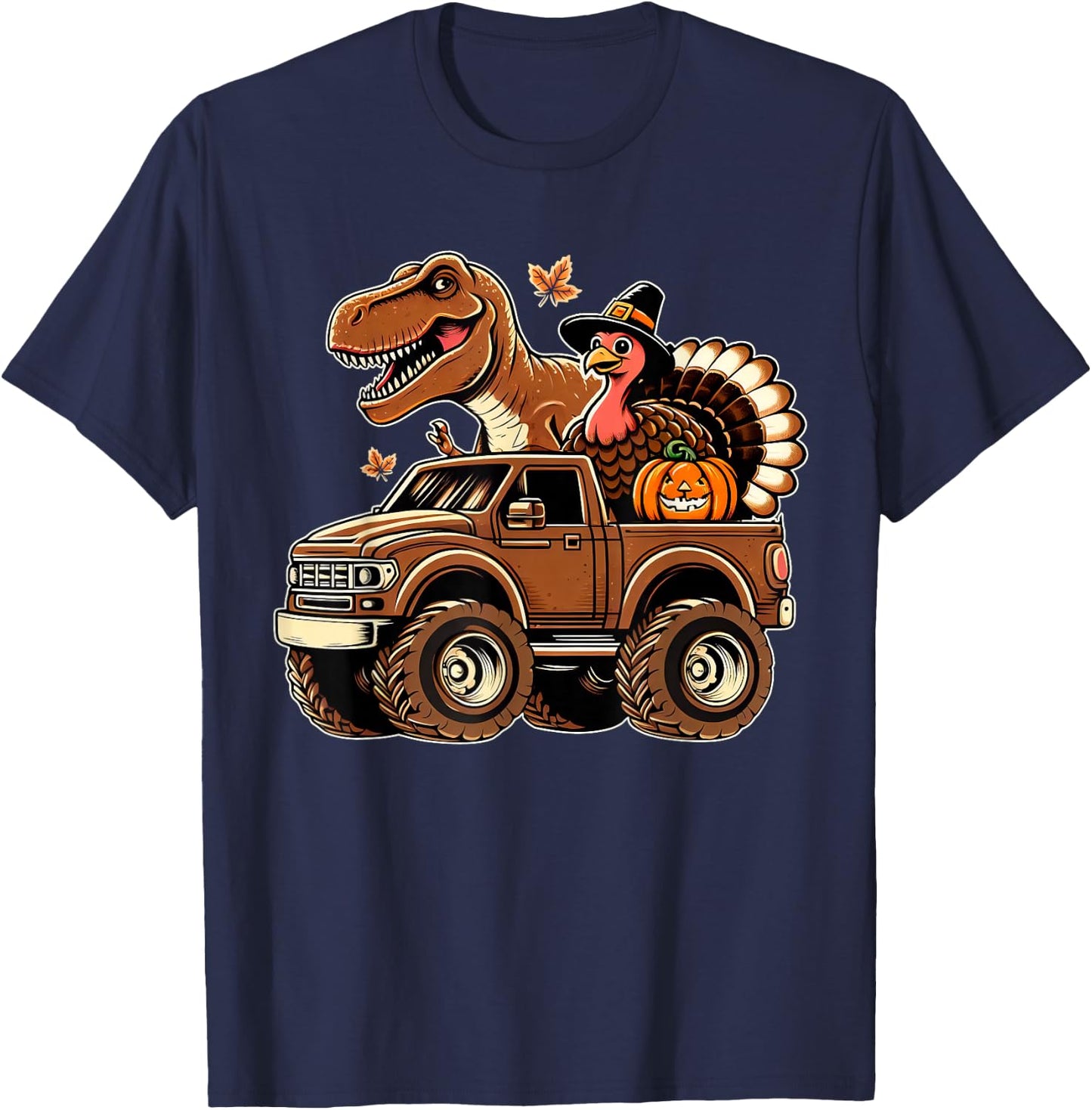 Happy Thanksgiving Dinosaur Turkey Riding Truck Kids Boys T-Shirt - T-Shirt | Navy