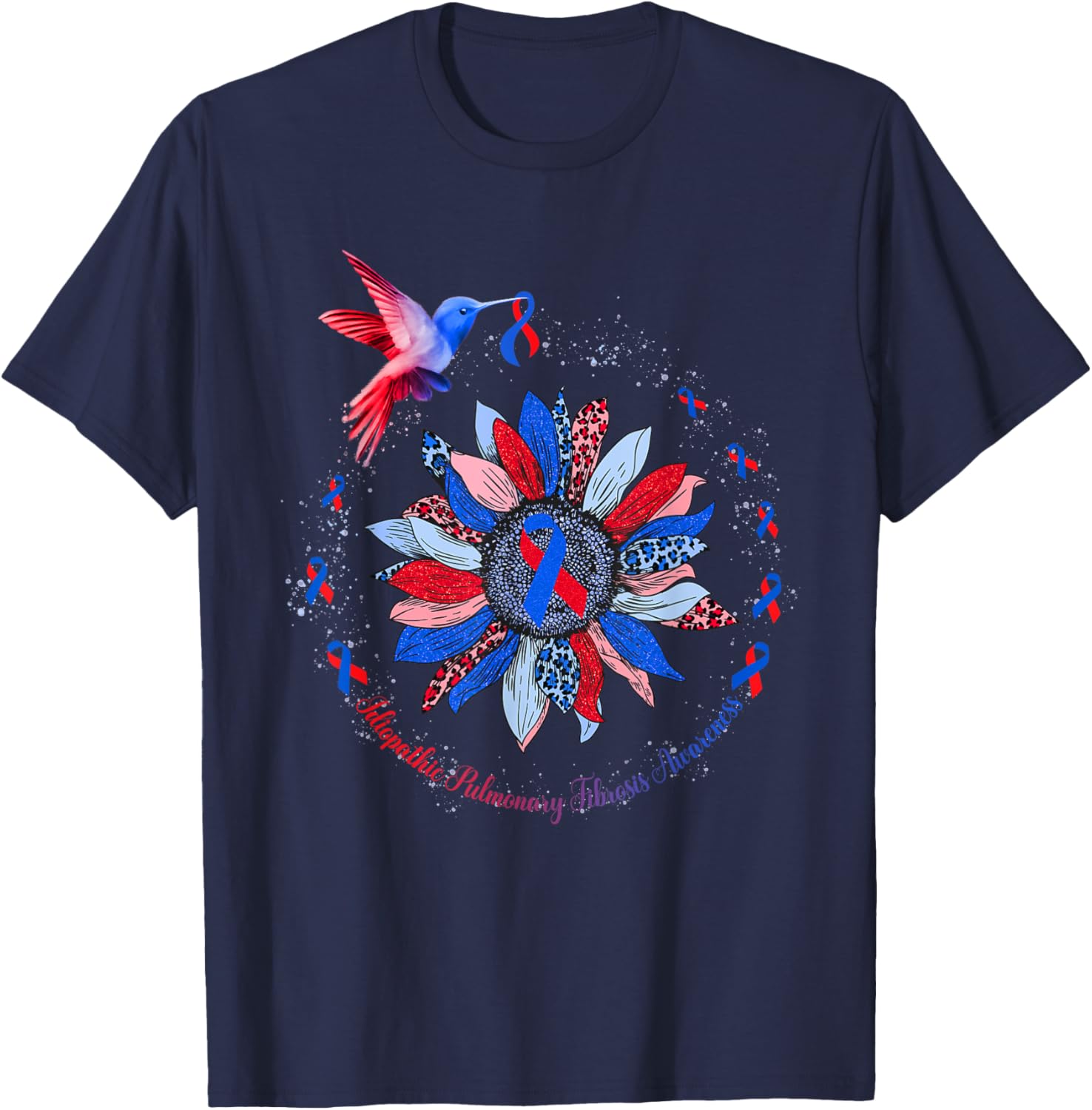 Sunflower Hummingbird Red Blue Ribbon Idiopathic Pulmonary T-Shirt - T-Shirt | Navy
