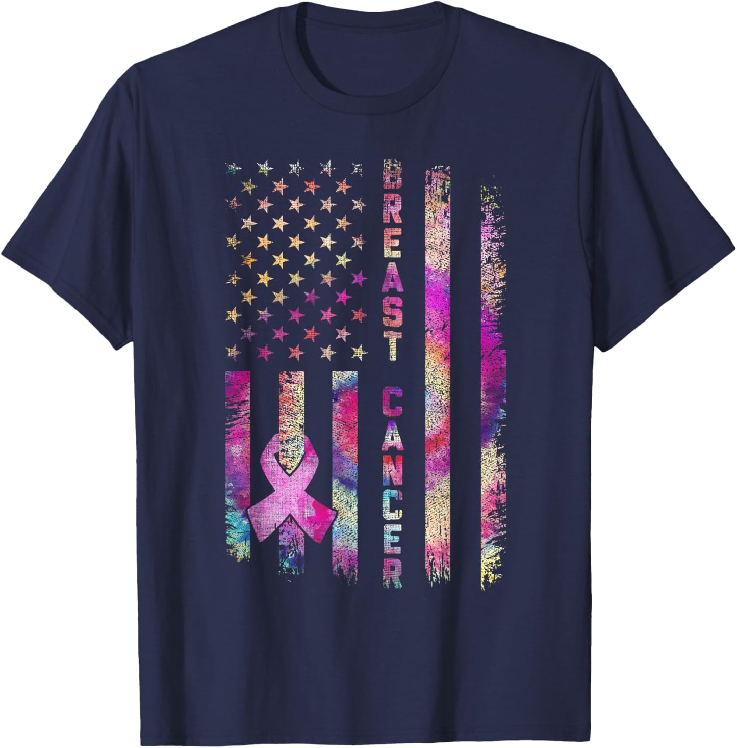 American Flag Breast Cancer Awareness Support Tie Dye T-Shirt - T-Shirt | Navy
