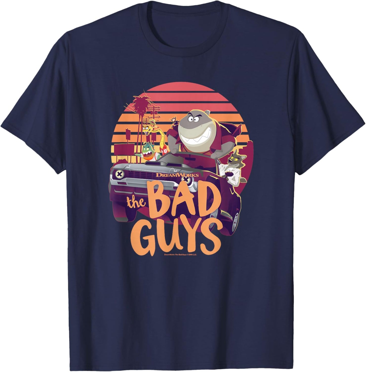 The Bad Guys Group Getaway Car Sunset Poster T-Shirt - T-Shirt | Navy