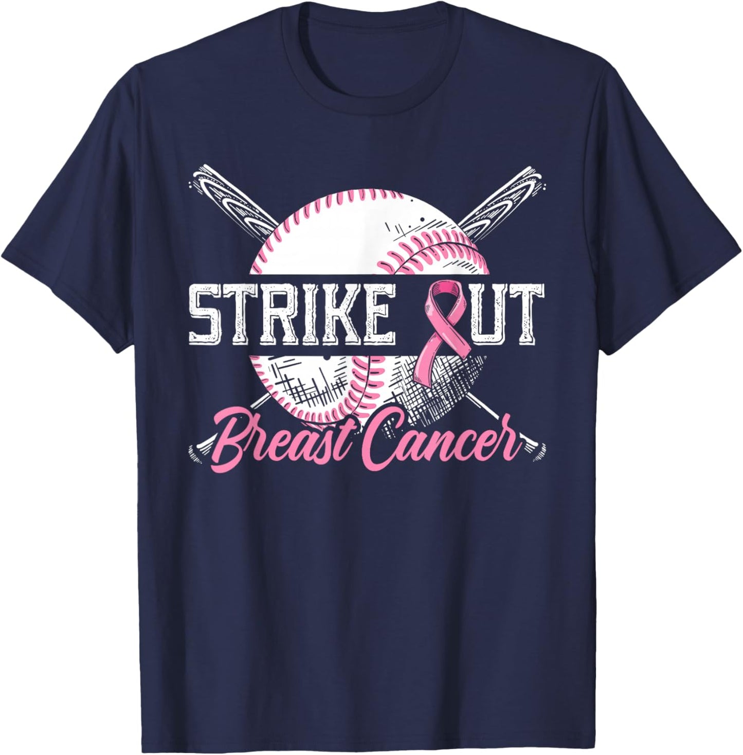 Strike Out Breast Cancer Baseball Breast Cancer Awareness T-Shirt - T-Shirt | Navy