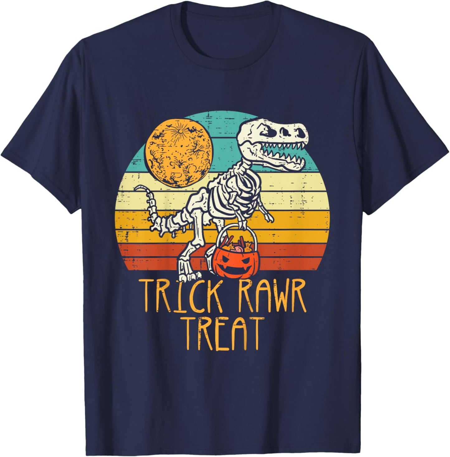 Kids Trick Rawr Treat Skeleton Dino Trex Toddler Boys Halloween T-Shirt - T-Shirt | Navy