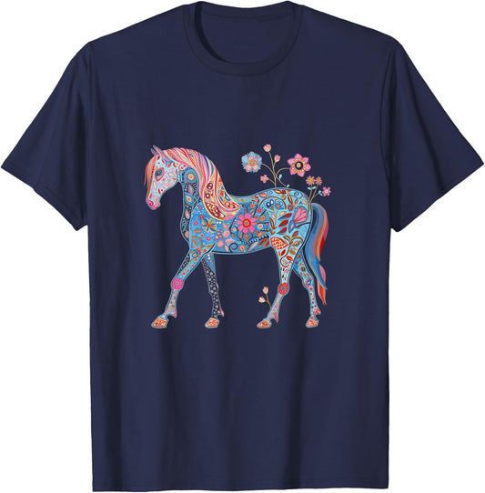 Horse Flowers Horseback Riding Equestrian Horse Girls Kids T-Shirt - T-Shirt | Navy