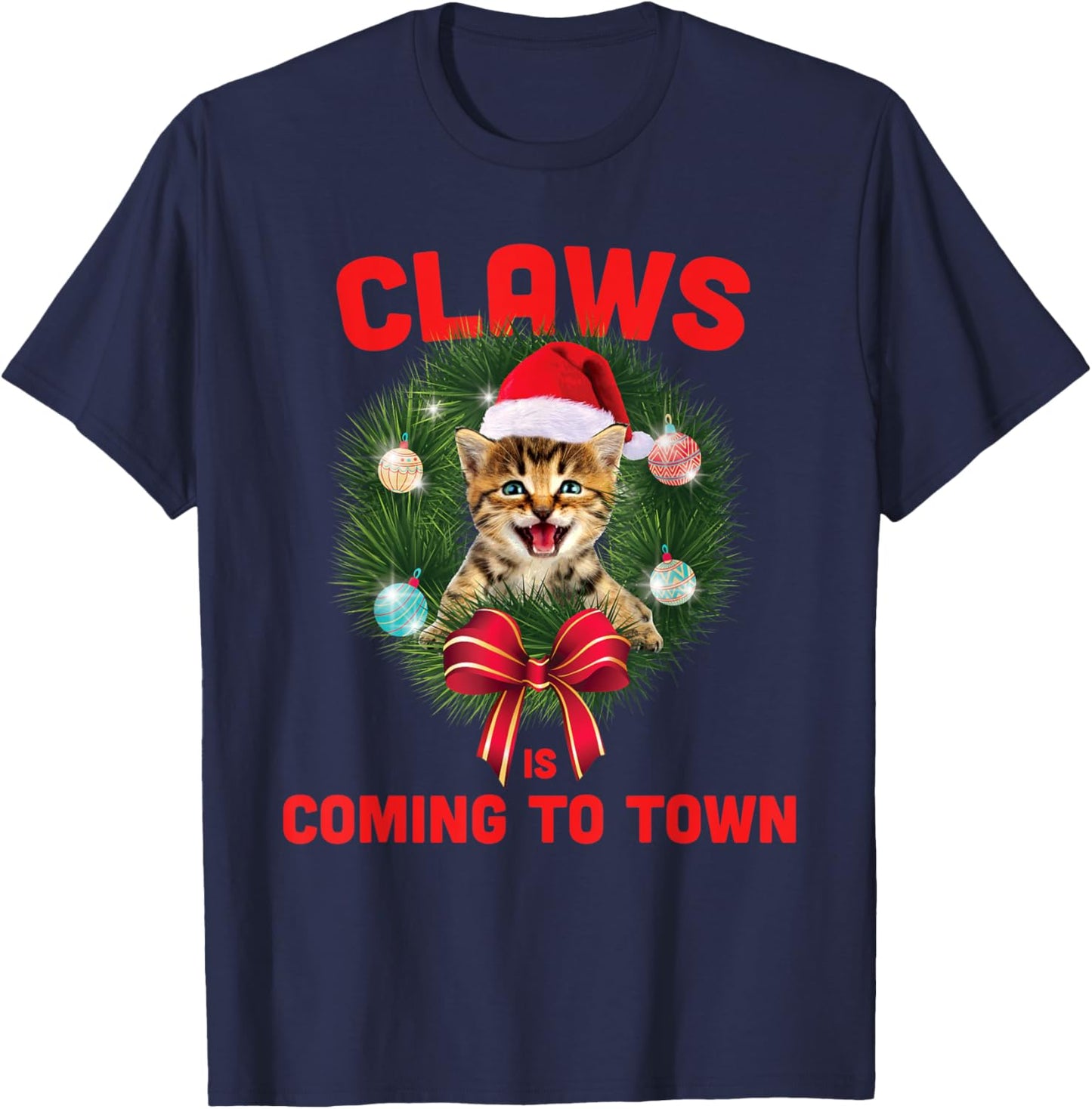 Funny Christmas Cat Claws Is Coming To Town Cat Lovers Women Kids T-Shirt - T-Shirt | Navy