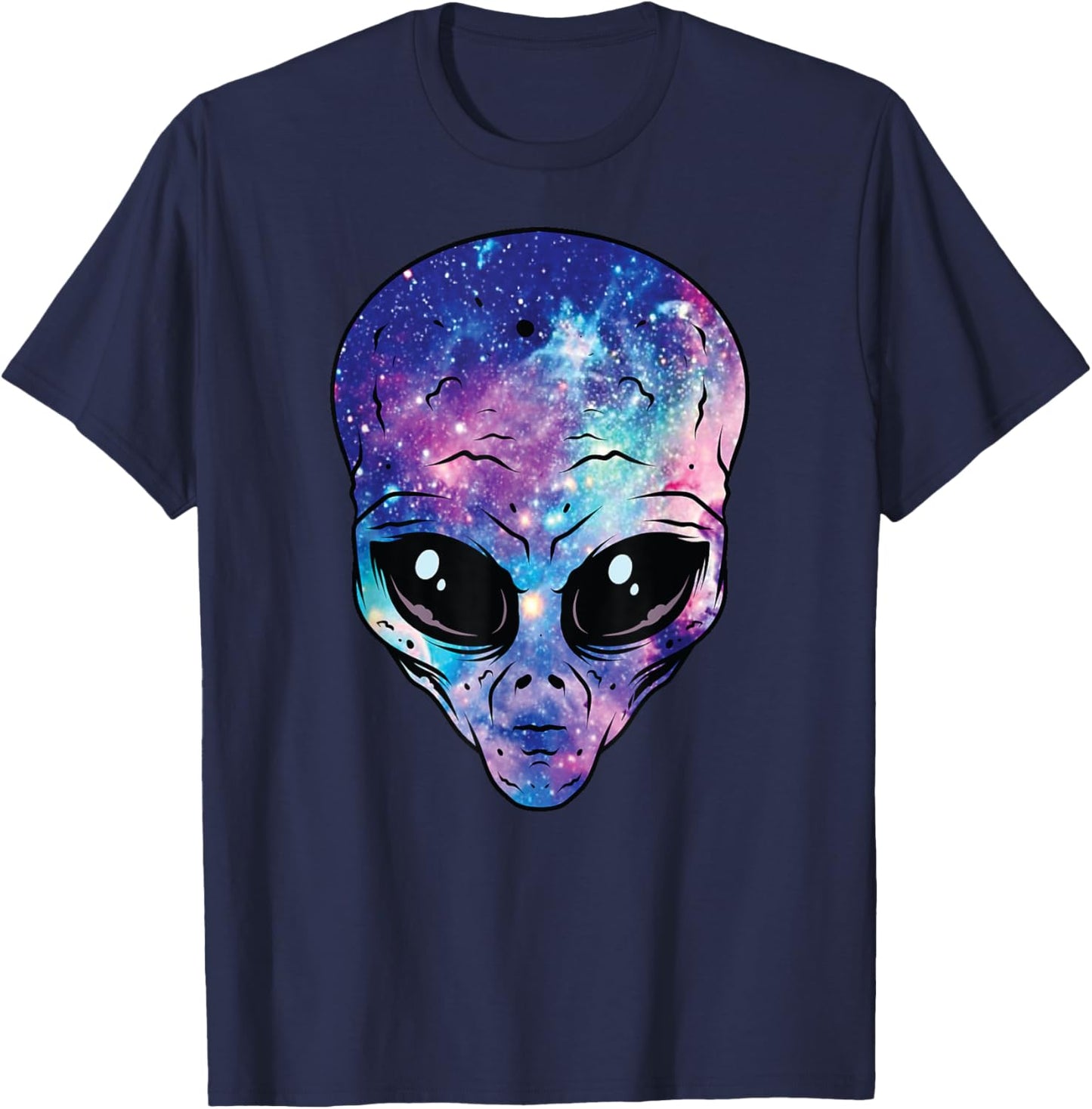 Alien Head Face Starry Night Sky UFO Hunter Space Graphic T-Shirt - T-Shirt | Navy