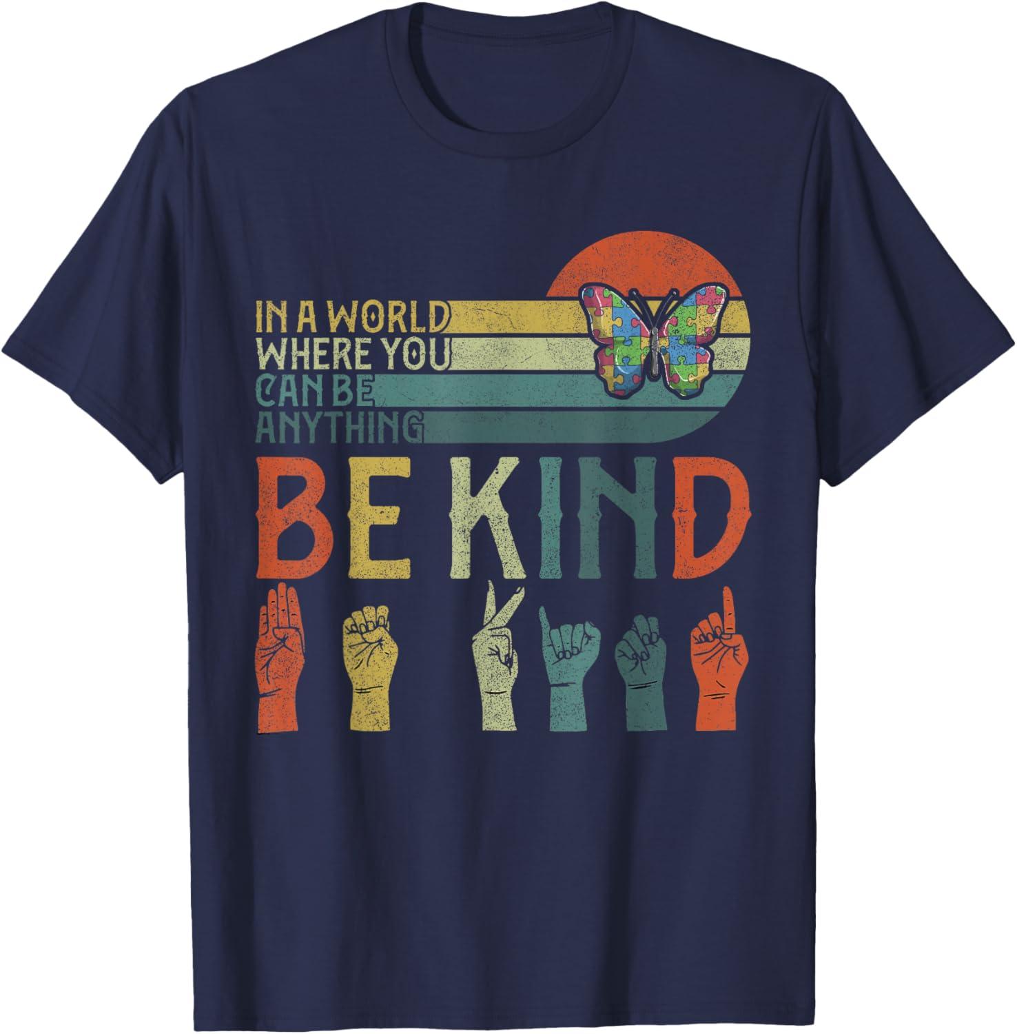 ASL Be Kind , Autism Awareness Butterfly Boy Kid Girl T-Shirt - T-Shirt | Navy