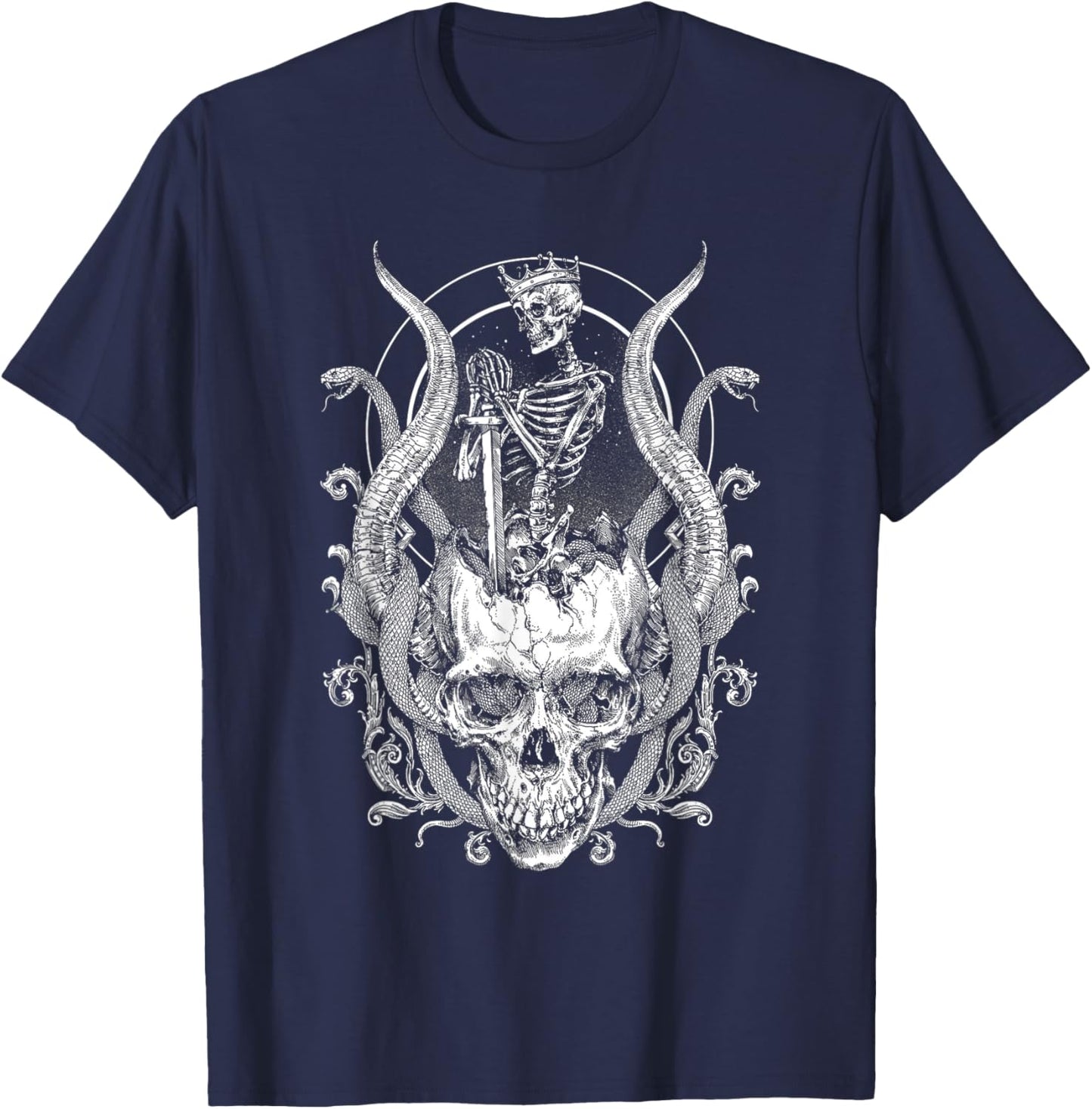 King Skull Skeleton Satanic Snake Gothic Horror Halloween T-Shirt - T-Shirt | Navy