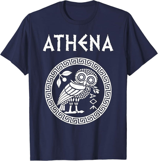 Agema Apparel -Adults Athena Greek Goddess of Wisdom and War Athenian Owl Symbol T-Shirt - T-Shirt | Navy
