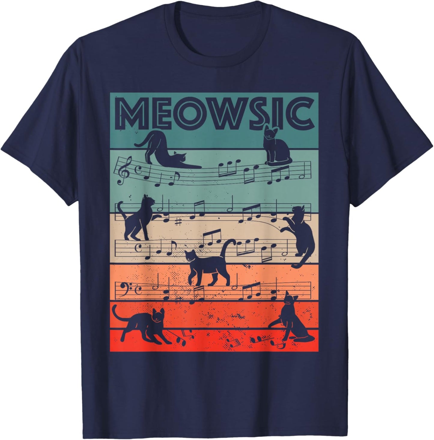 Meowsic Retro Cat Music Notes Musician Pet Lover Design T-Shirt - T-Shirt | Navy