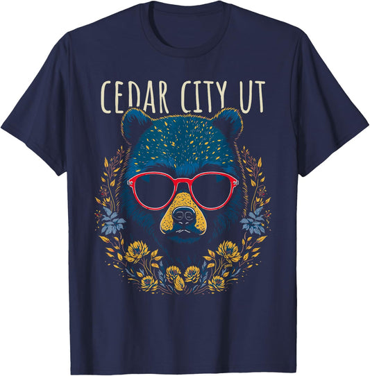 Cedar City Utah Bear Wearing Sunglasses and Flowers Design T-Shirt - T-Shirt | Navy