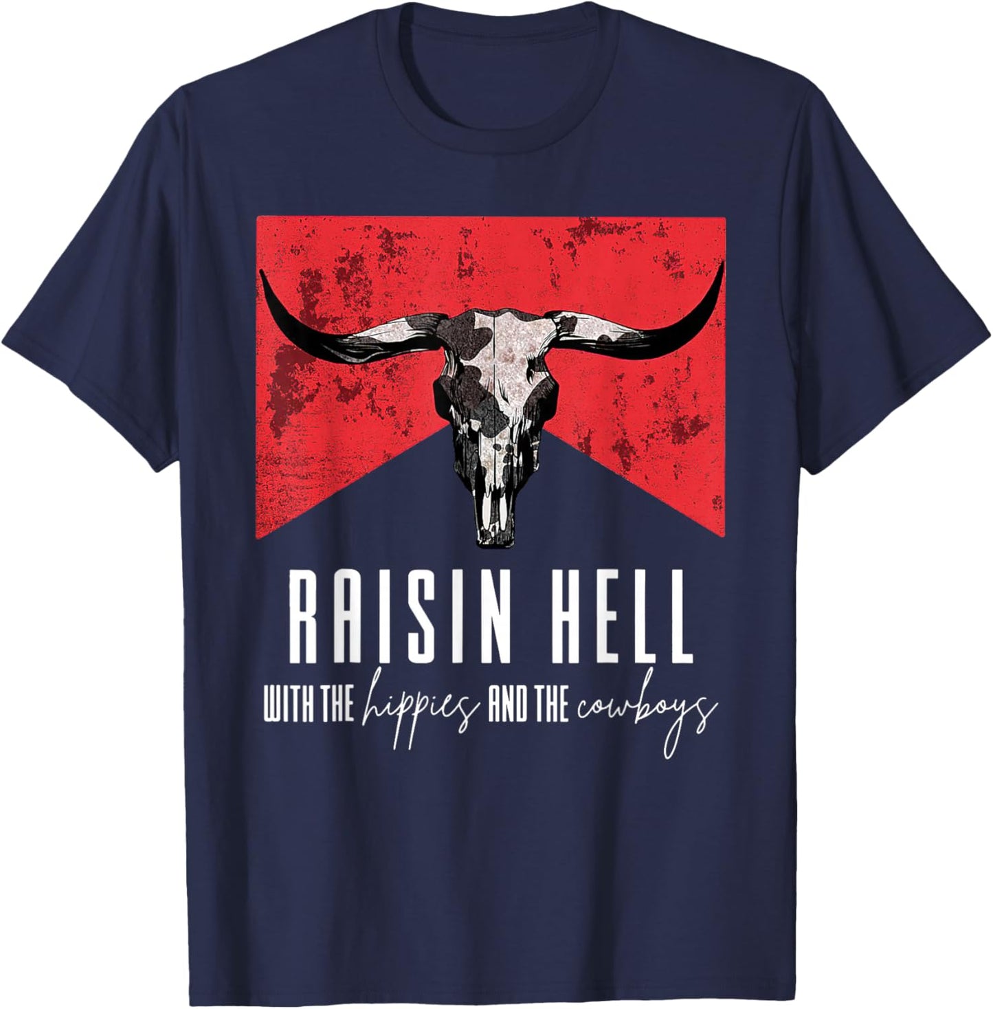 Raising-Hell With The Hippies And Cowboys Western Cowhide T-Shirt - T-Shirt | Navy
