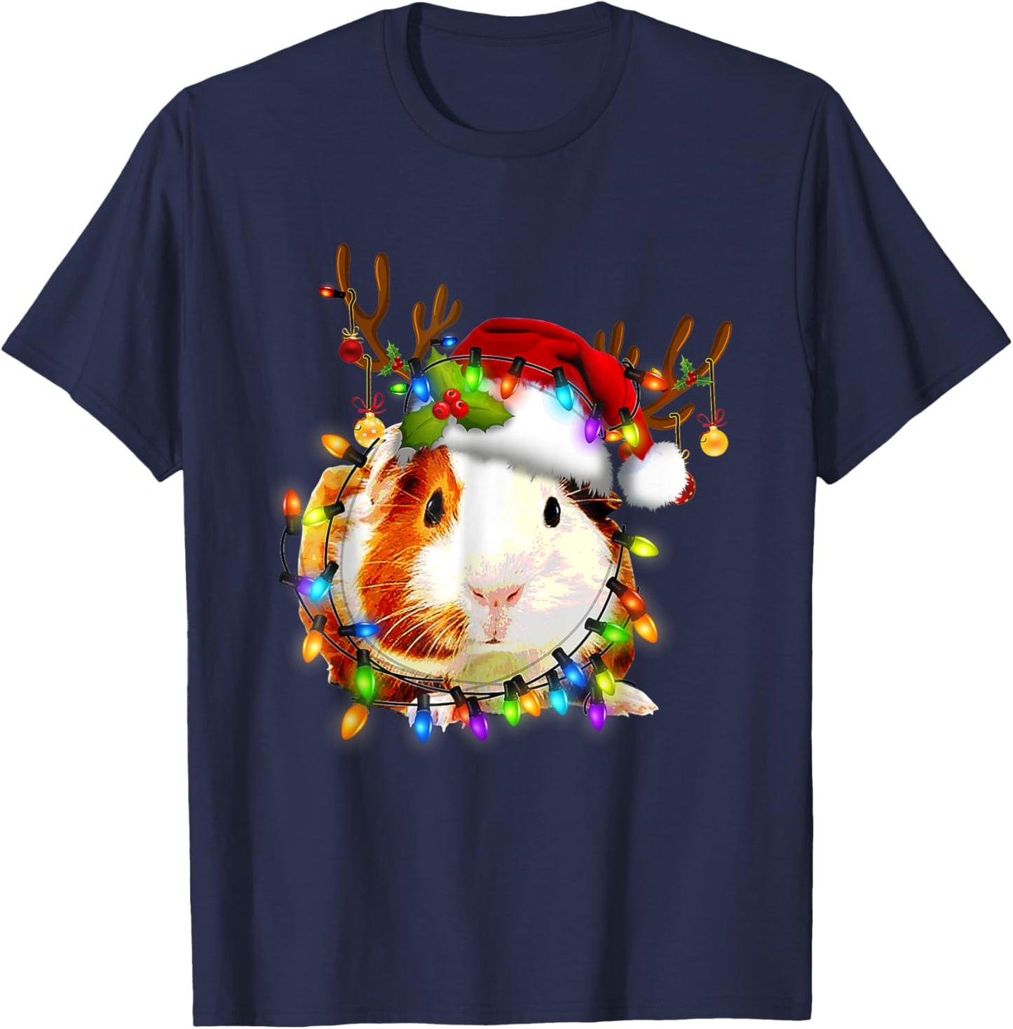 Funny Guinea Pig Christmas Reindeer Christmas Lights Pajama T-Shirt - T-Shirt | Navy