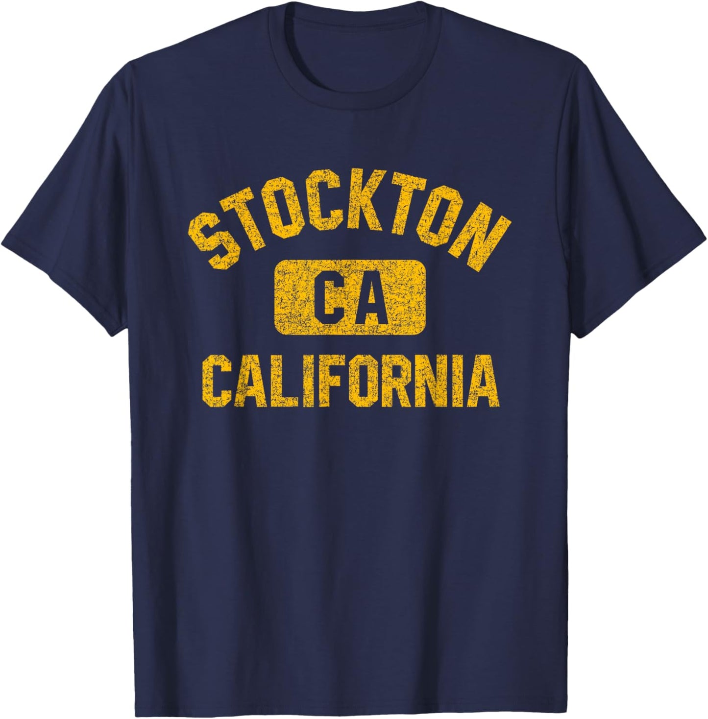 Stockton California Gym Style Distressed Amber Print T-Shirt - T-Shirt | Navy