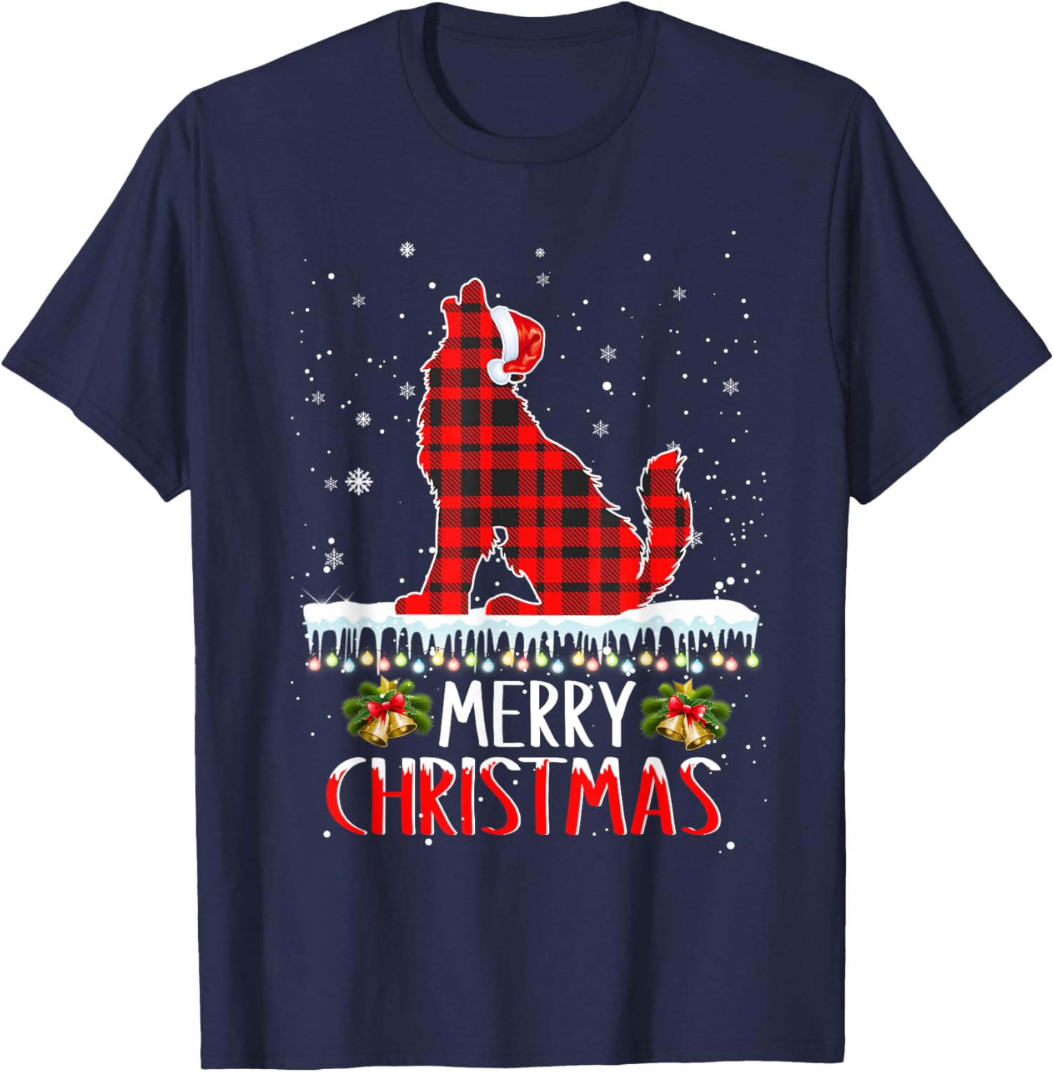 Wolf Christmas Merry Christmas Wolfs Dog Red Plaid T-Shirt - T-Shirt | Navy