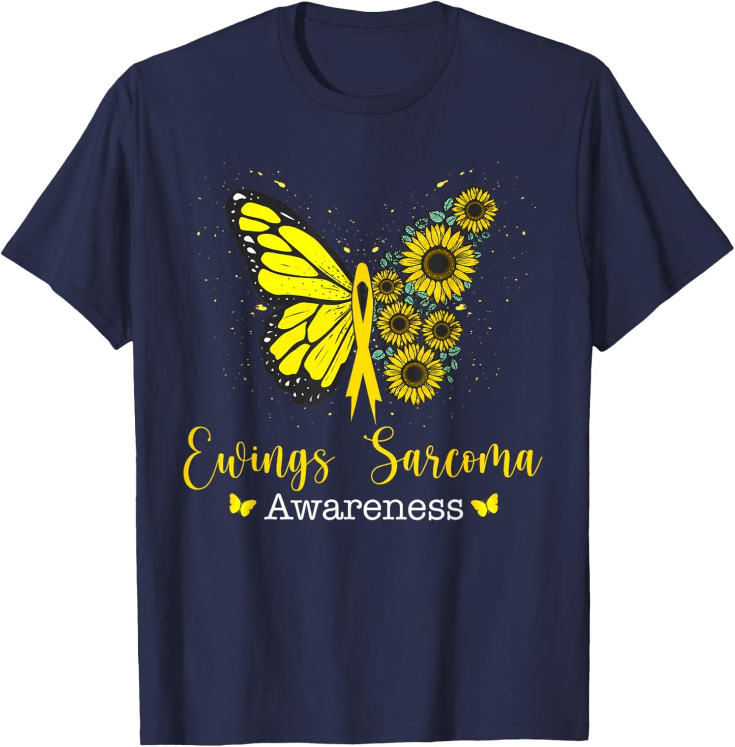 Ewings Sarcoma Cancer Awareness Butterfly & Sunflower T-Shirt - T-Shirt | Navy