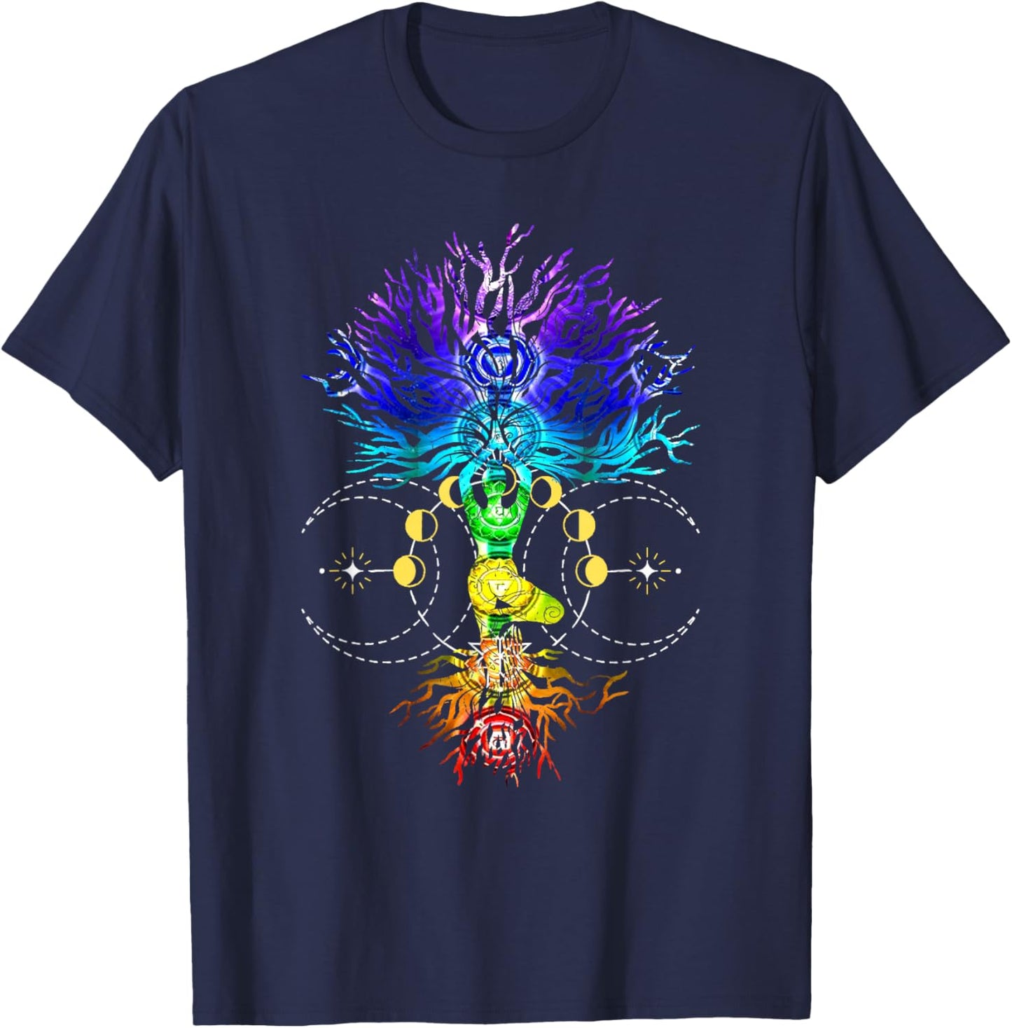 Chakra Tree of Life with Phases Of The Moon Hatha Yoga T-Shirt - T-Shirt | Navy