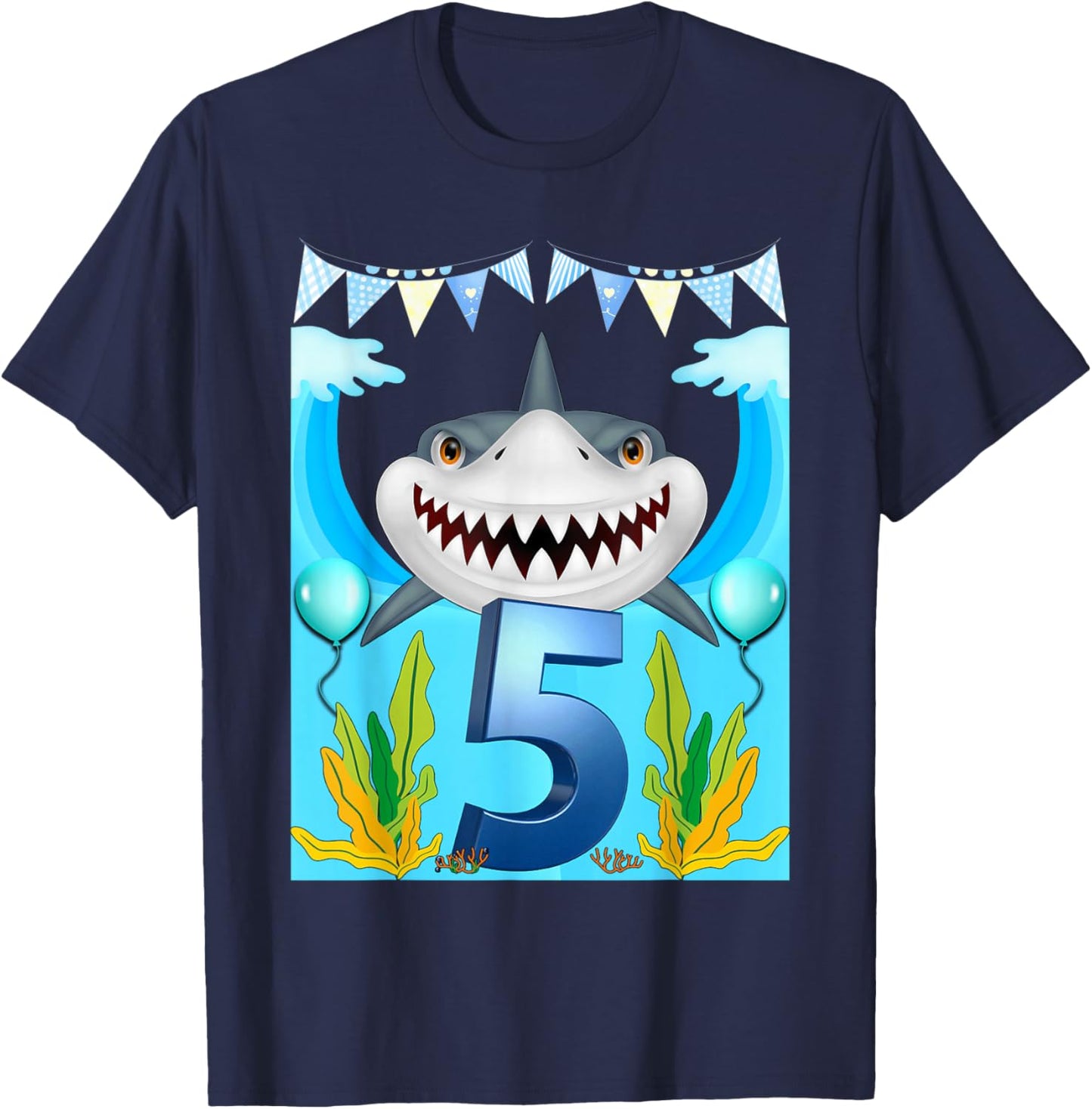 5th Birthday Boys Shark 5 Years Old Boys Ocean Sharks B-Day T-Shirt - T-Shirt | Navy